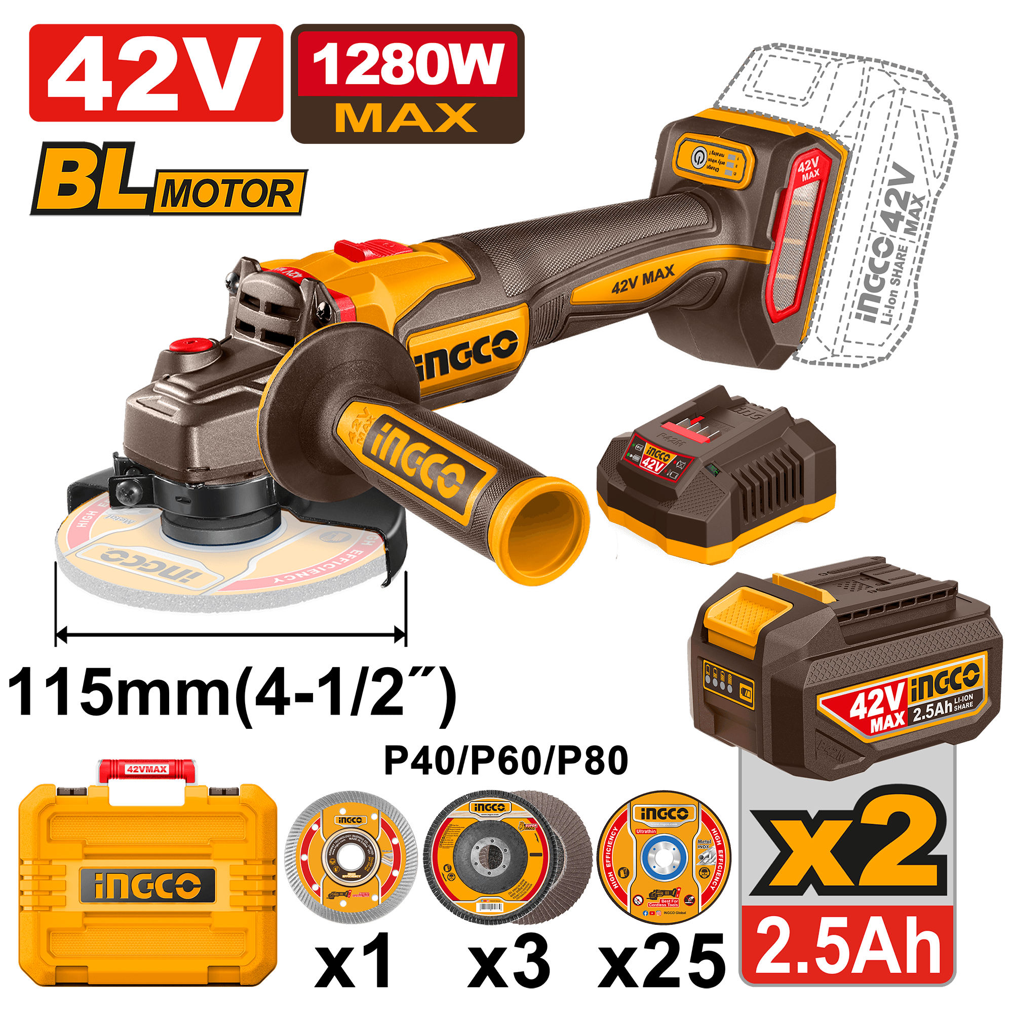 Flex Unghiular 42V cu 2 Acumulatori 2.5Ah