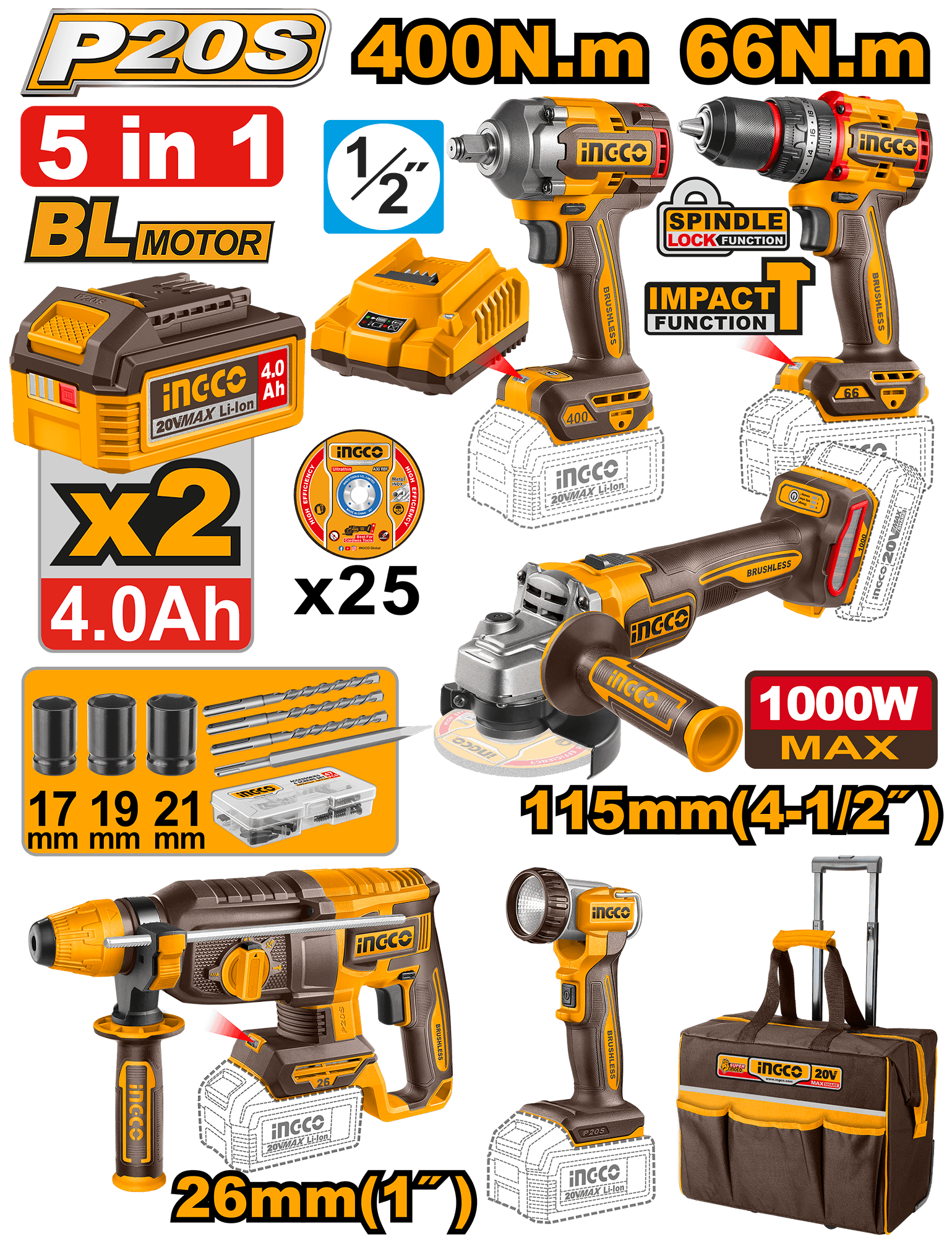 Set Geanta cu Filetanta Bormasina Flex Picamer Lanterna 20V si 2 Acumulatori 4Ah