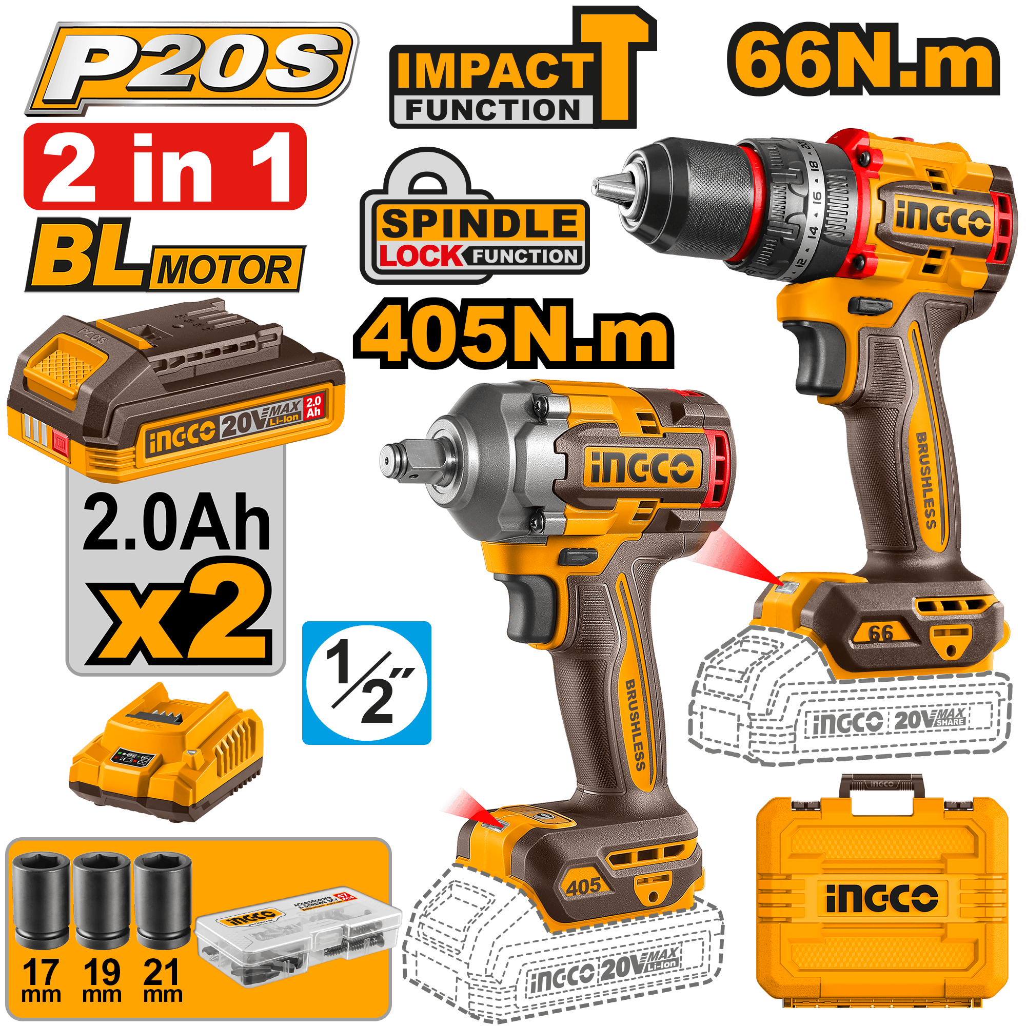 Set Bormasina 20V 66Nm cu Impact + Filetanta 20V 405Nm si 2 Acumulatori