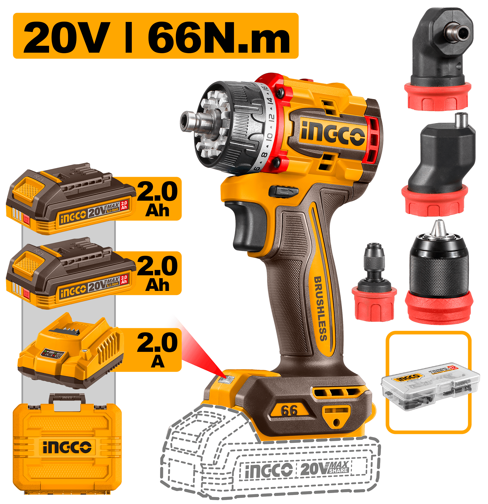 Bormasina cu cap schimbabil 20V cu 2 Acumulatori 2Ah