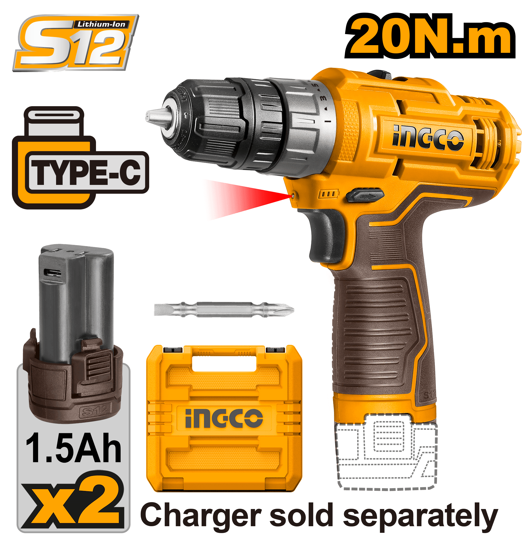 Bormasina 12V 20 Nm 2 Acumulatori cu Type C si Geanta