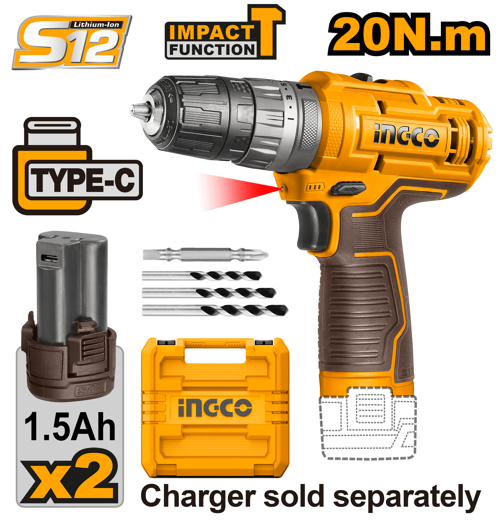 Bormasina 12V Impact 20 Nm 2 Acumulatori cu Type C si Geanta