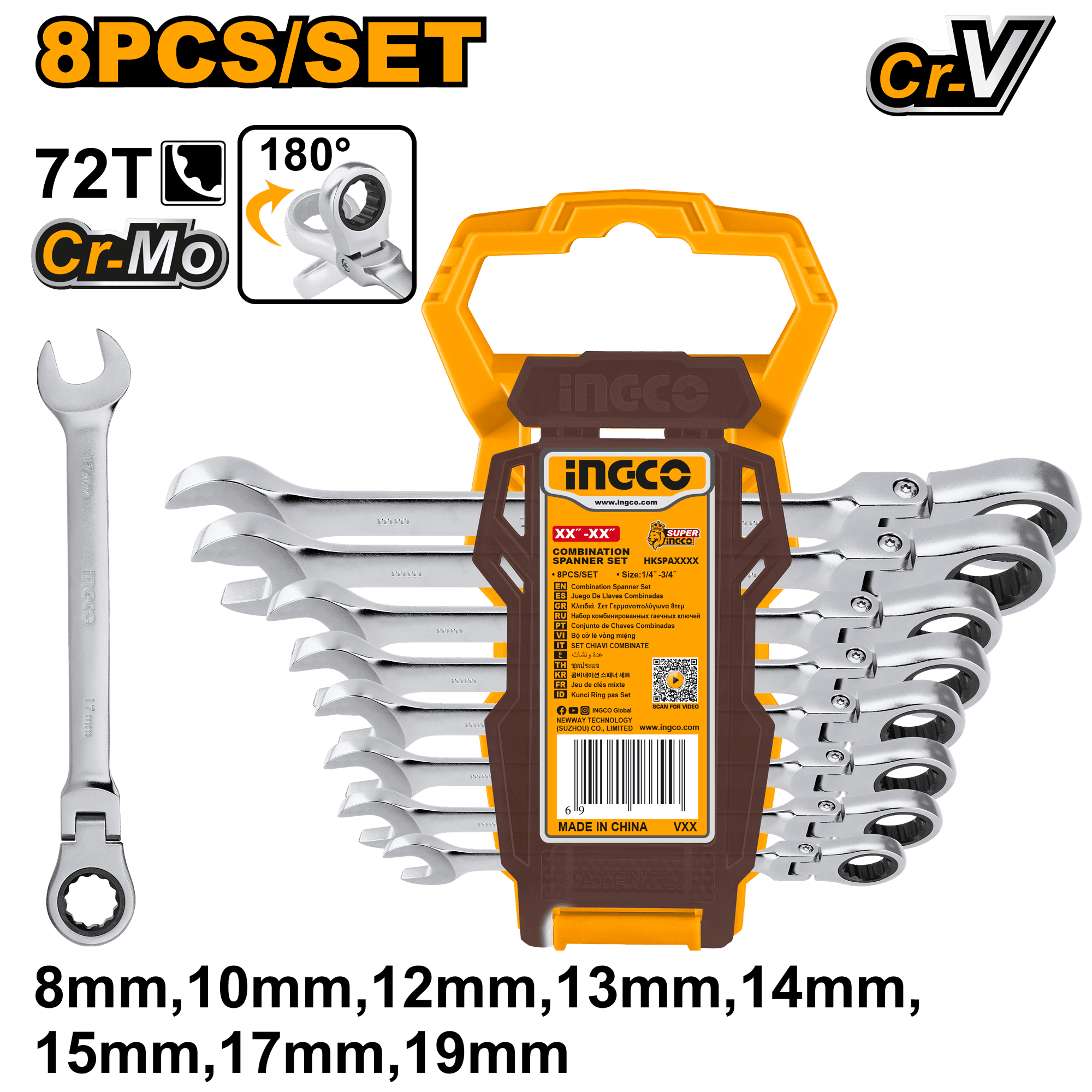 Trusa de Chei Combinate 8-19 cu Clichet si Cap Flexibil 8pcs