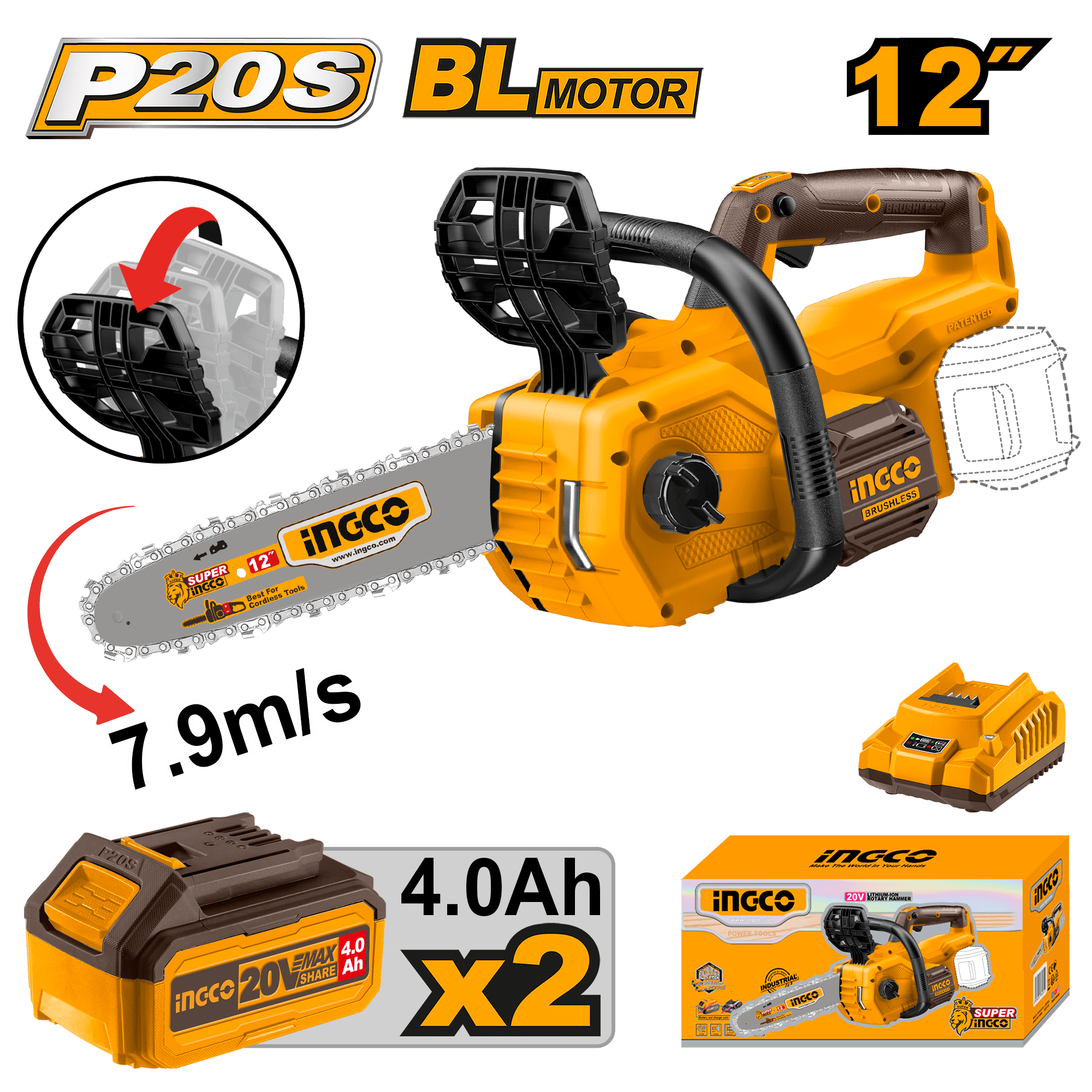 Motofierăstrău 20V 30cm (12") cu 2 Acumulatori 4Ah