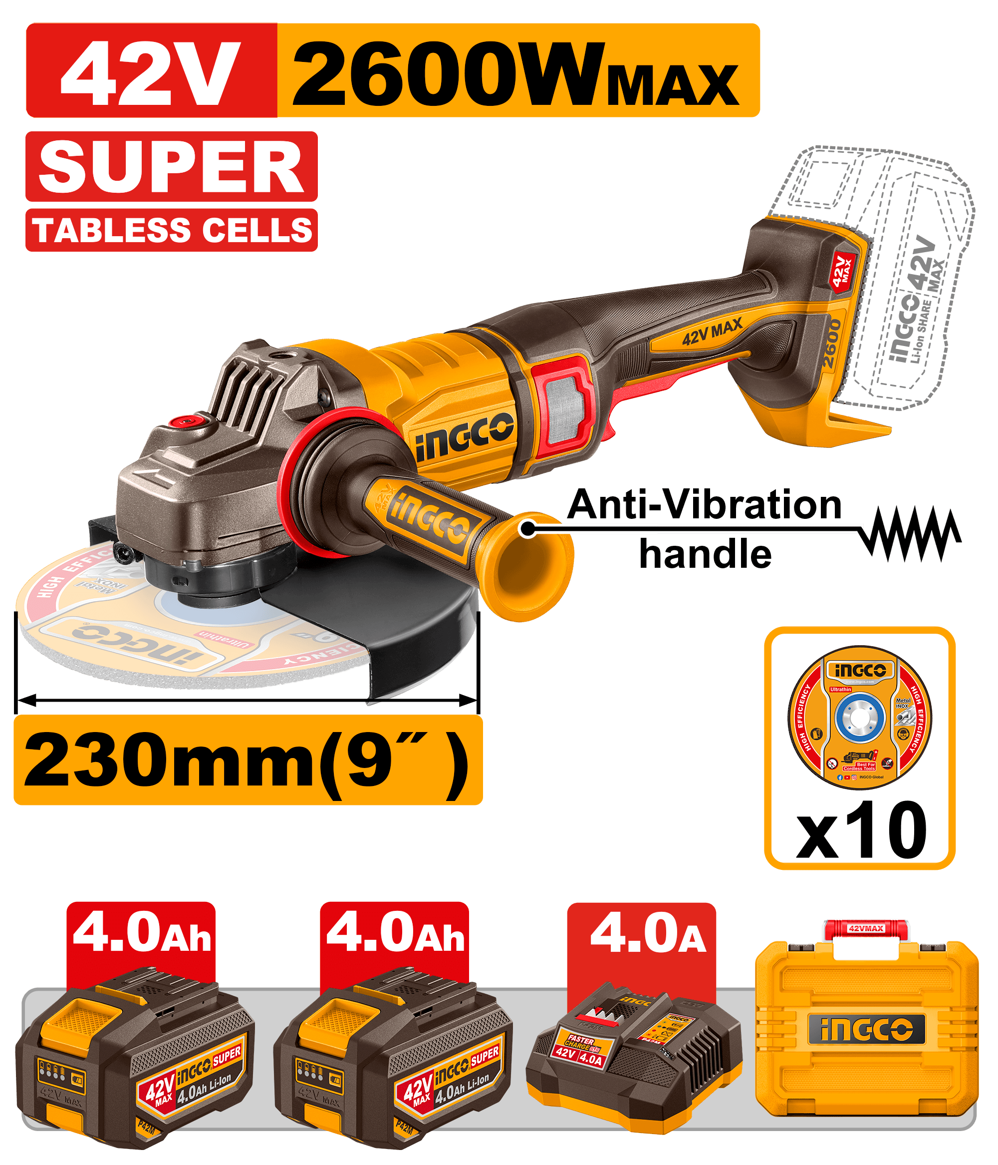Flex Unghiular 42V 230mm cu 2 Acumulatori 4Ah