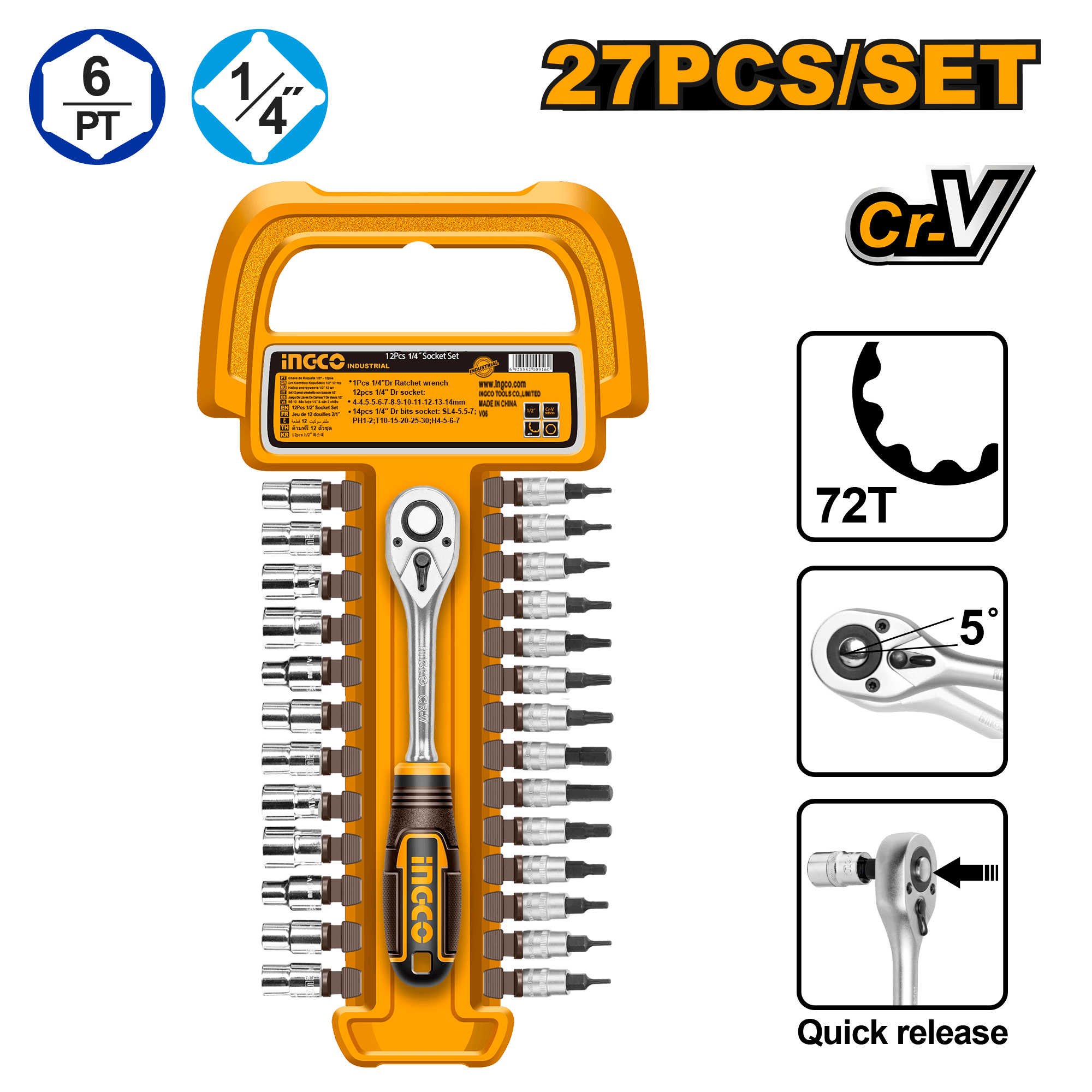 Set chei tubulare cu clichet 1/4 27buc