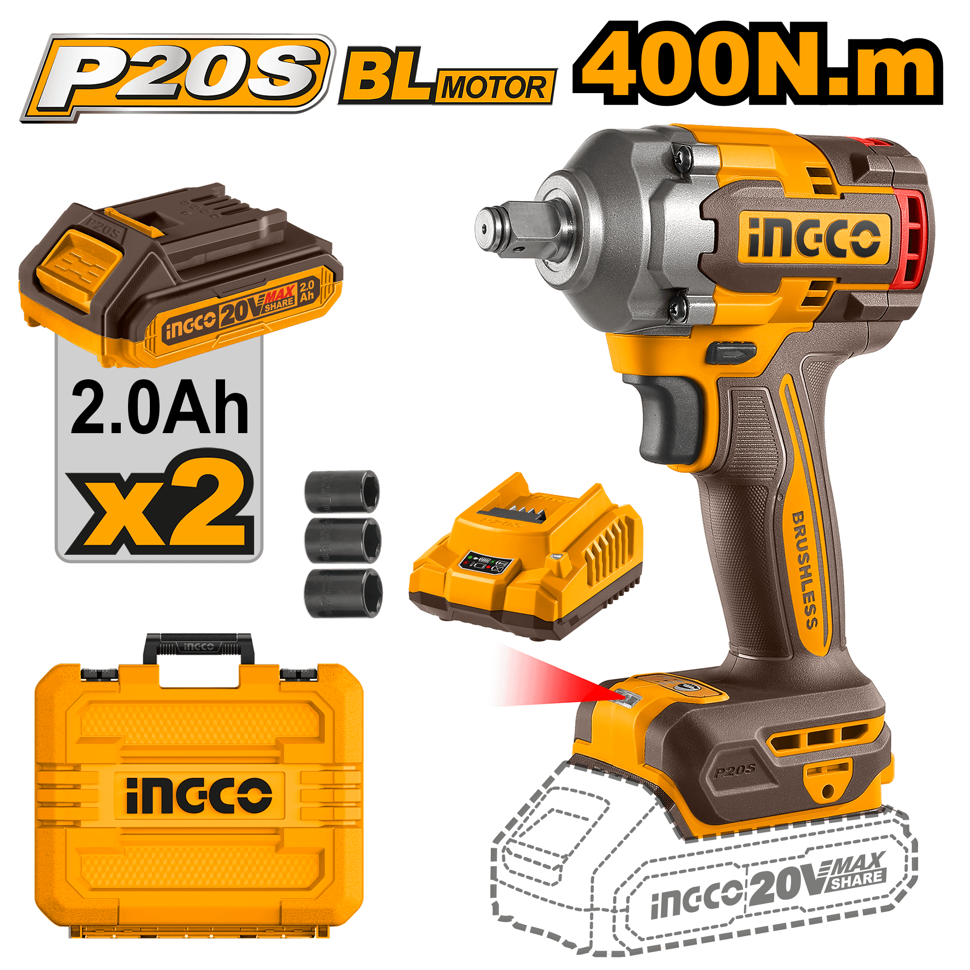 Filetanta cu Impact 20V 1/2 400 Nm cu 2 Acumulatori