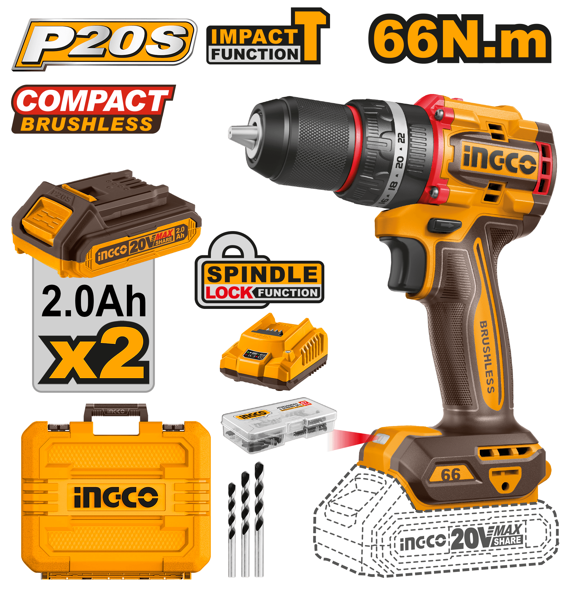 Bormasina 20V cu Impact 66Nm cu 2 Acumulatori