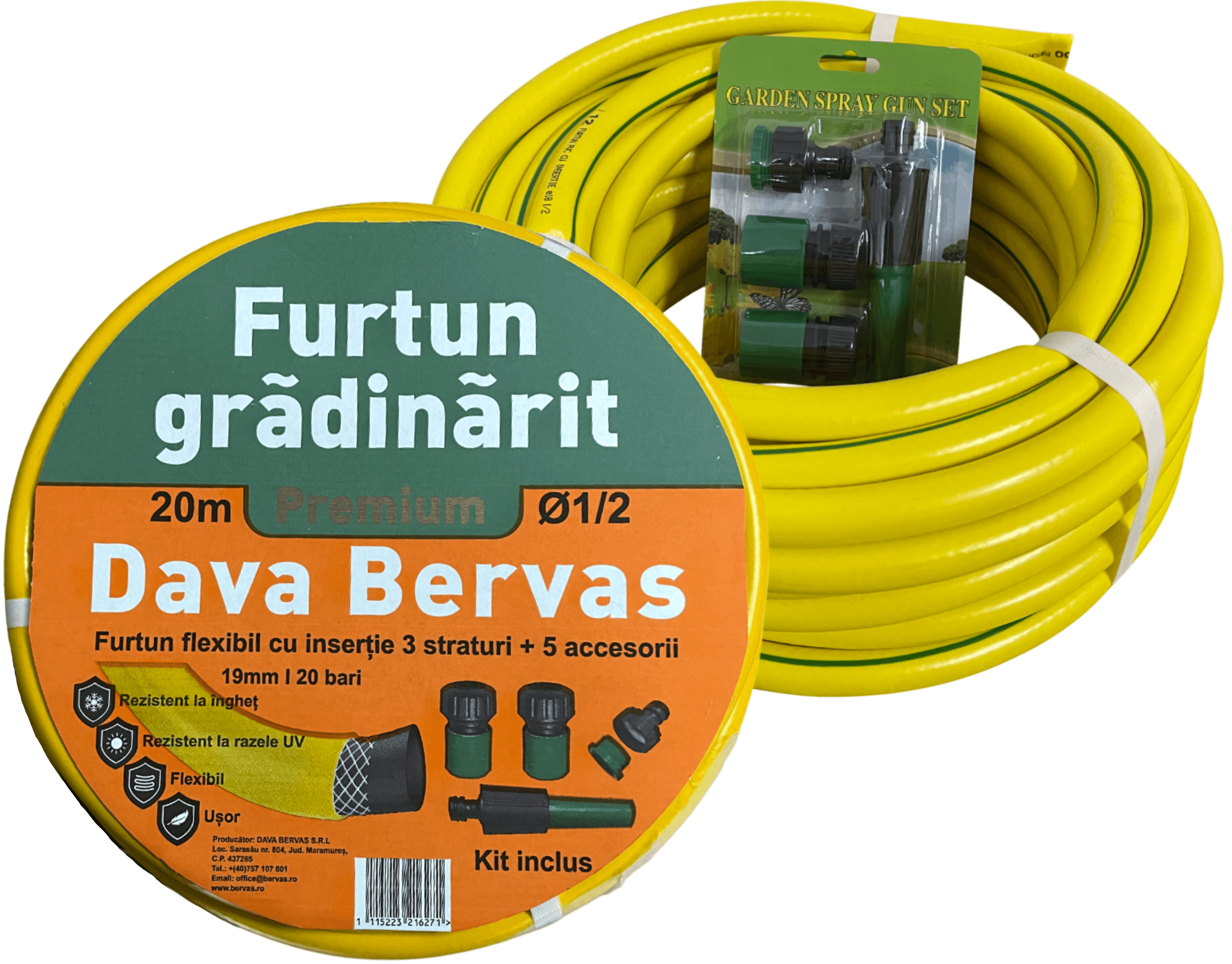 Furtun din PVC cu Insertie Galben cu 5 Accesorii 20m