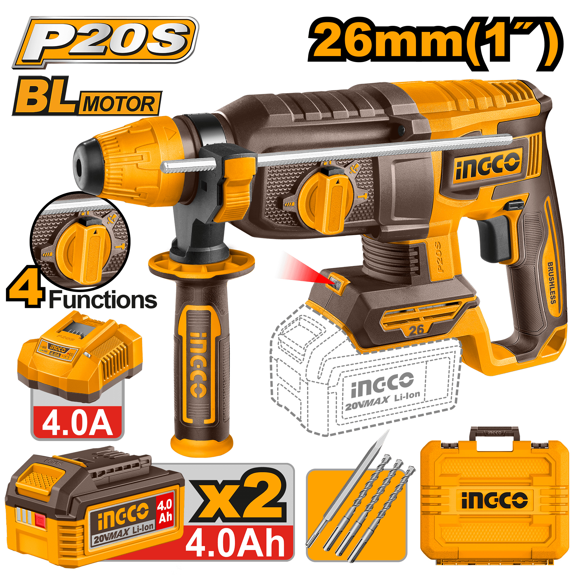 Ciocan Rotopercutor 20V BL 26mm cu 2 Acumulatori 4Ah