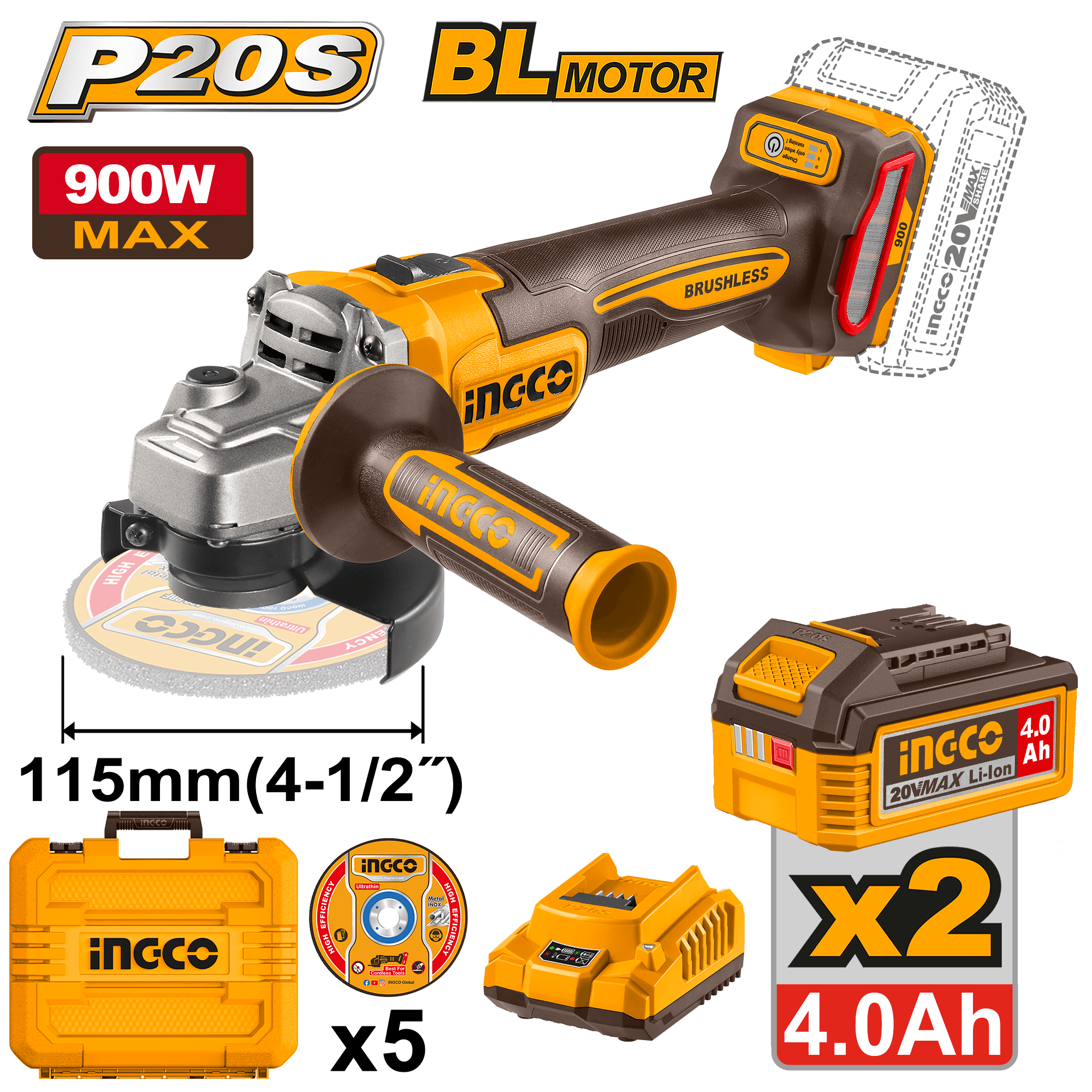 Flex Unghiular 20V 115mm BL cu 2 Acumulatori