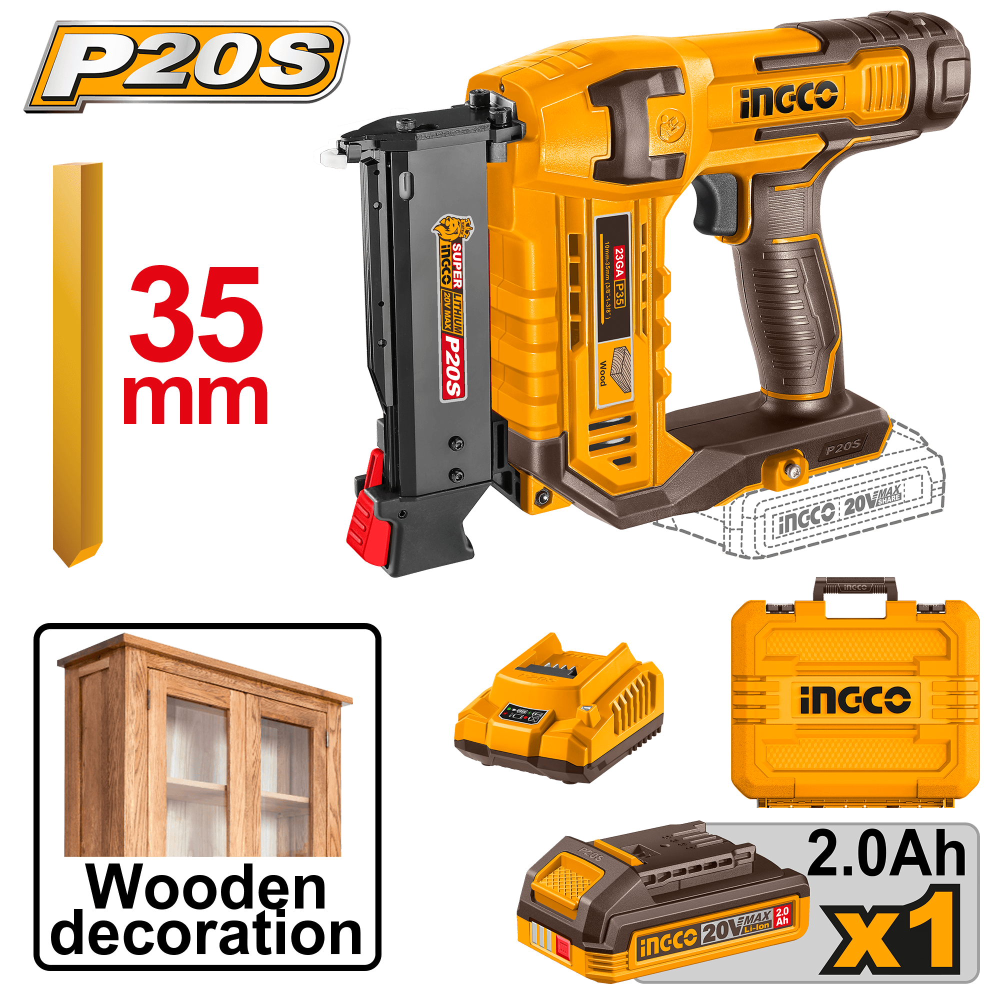 Pistol Cuie 20V Industrial pentru Lemn 35mm cu 1 Acumulator