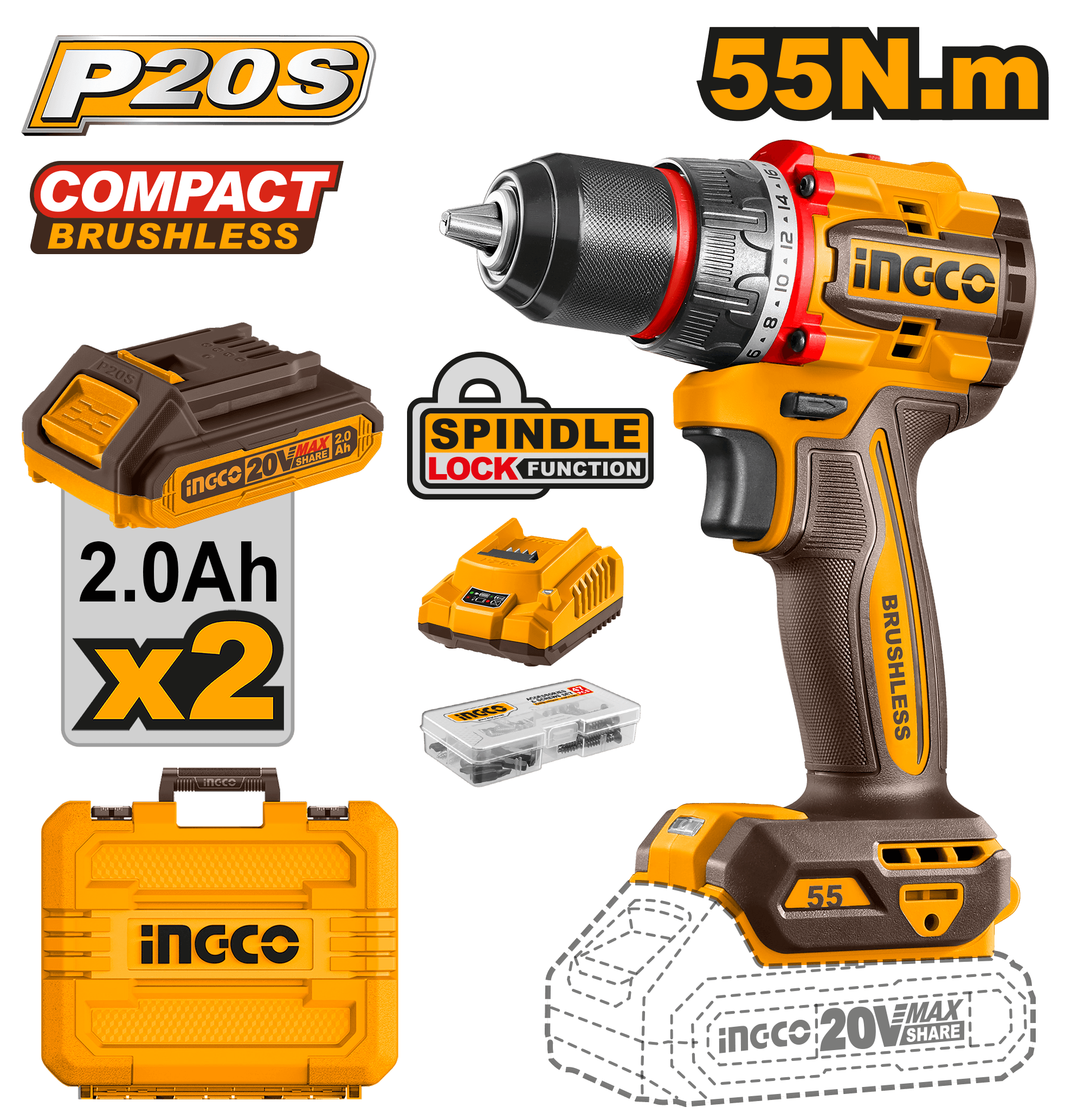 Bormasina 20V 55Nm cu 2 Acumulatori