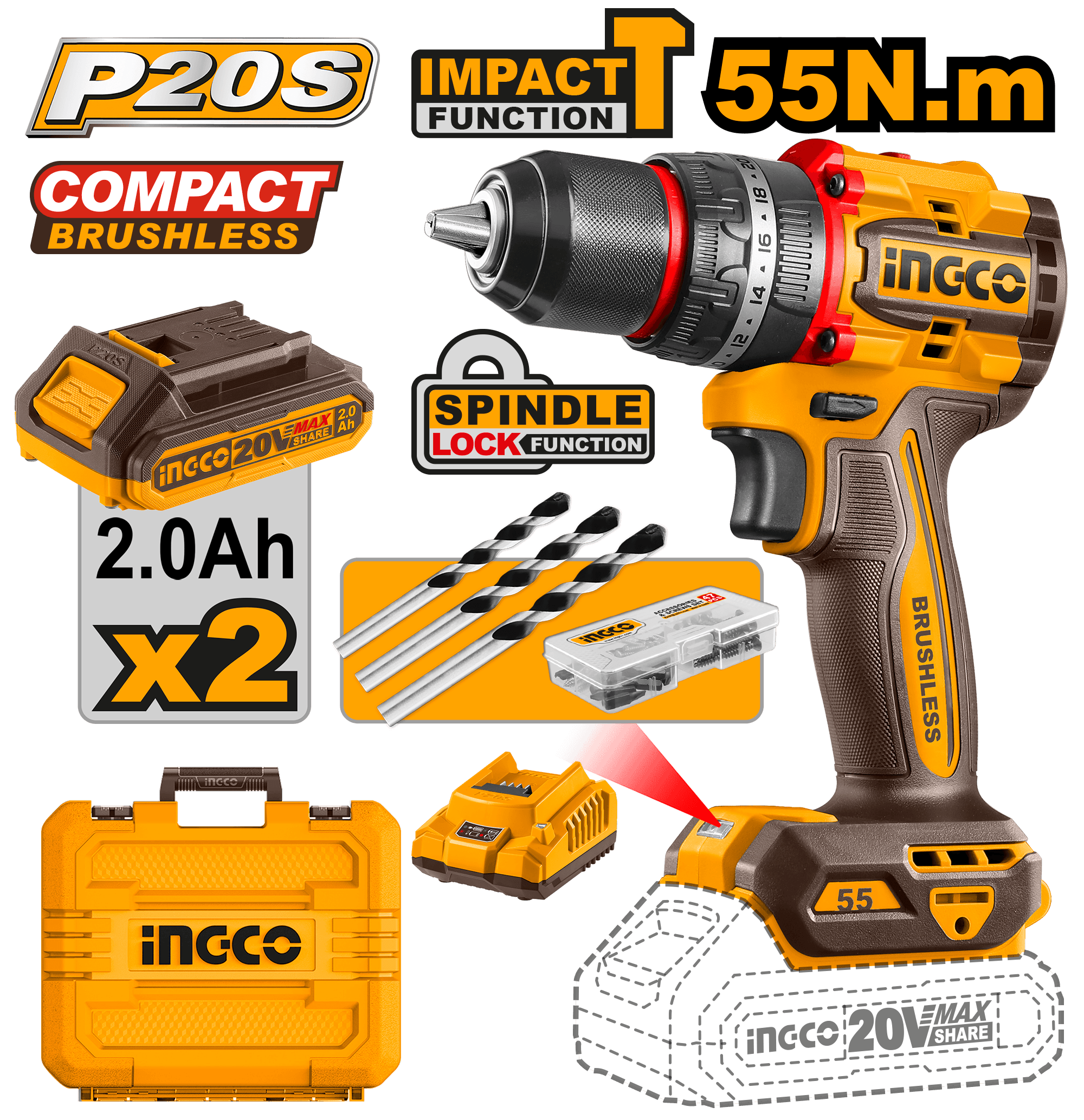 Bormasina Cu Impact 20V 55Nm cu 2 Acumulatori