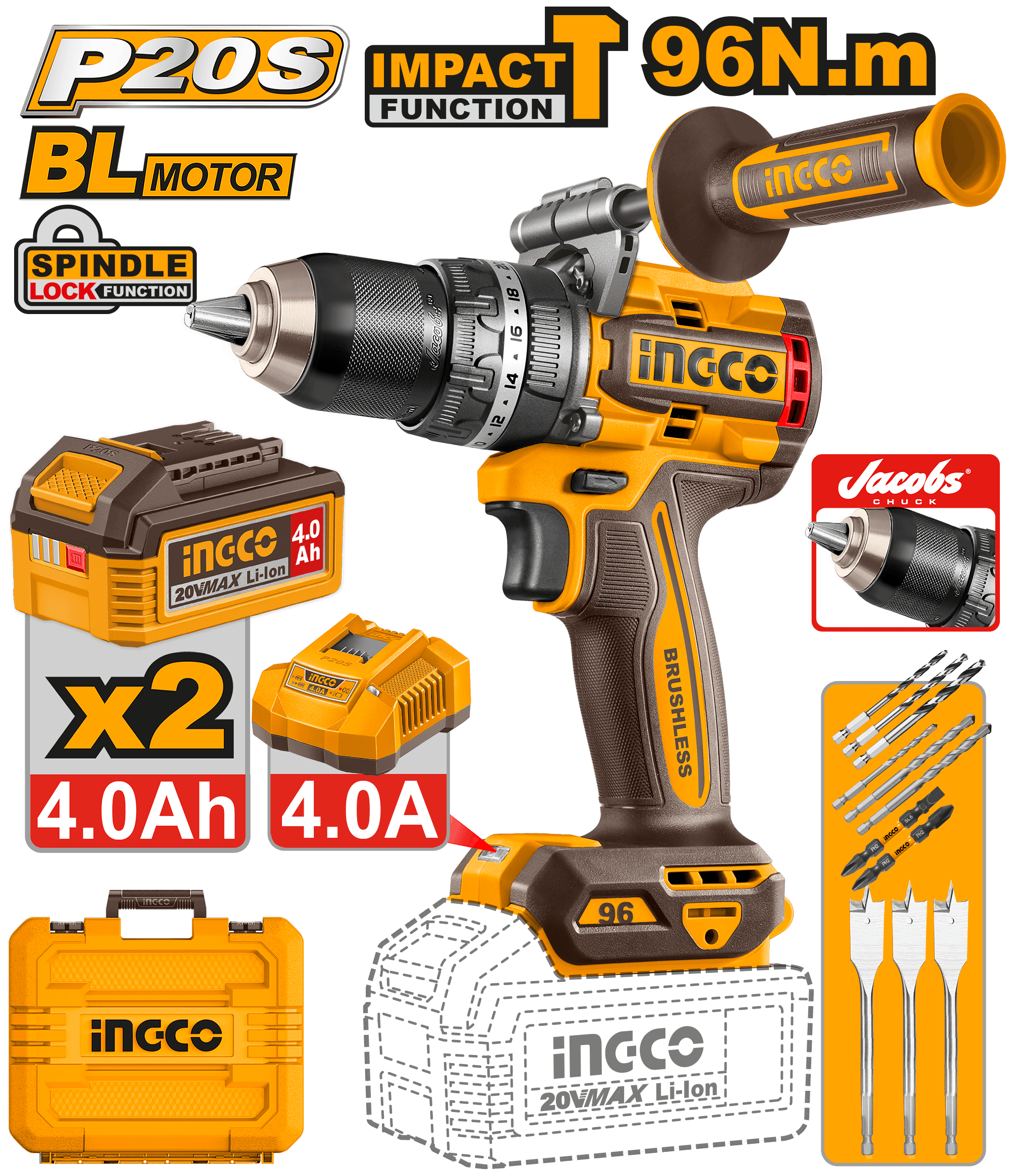 Bormasina 20V 96Nm cu Impact Baterii si Acumulator