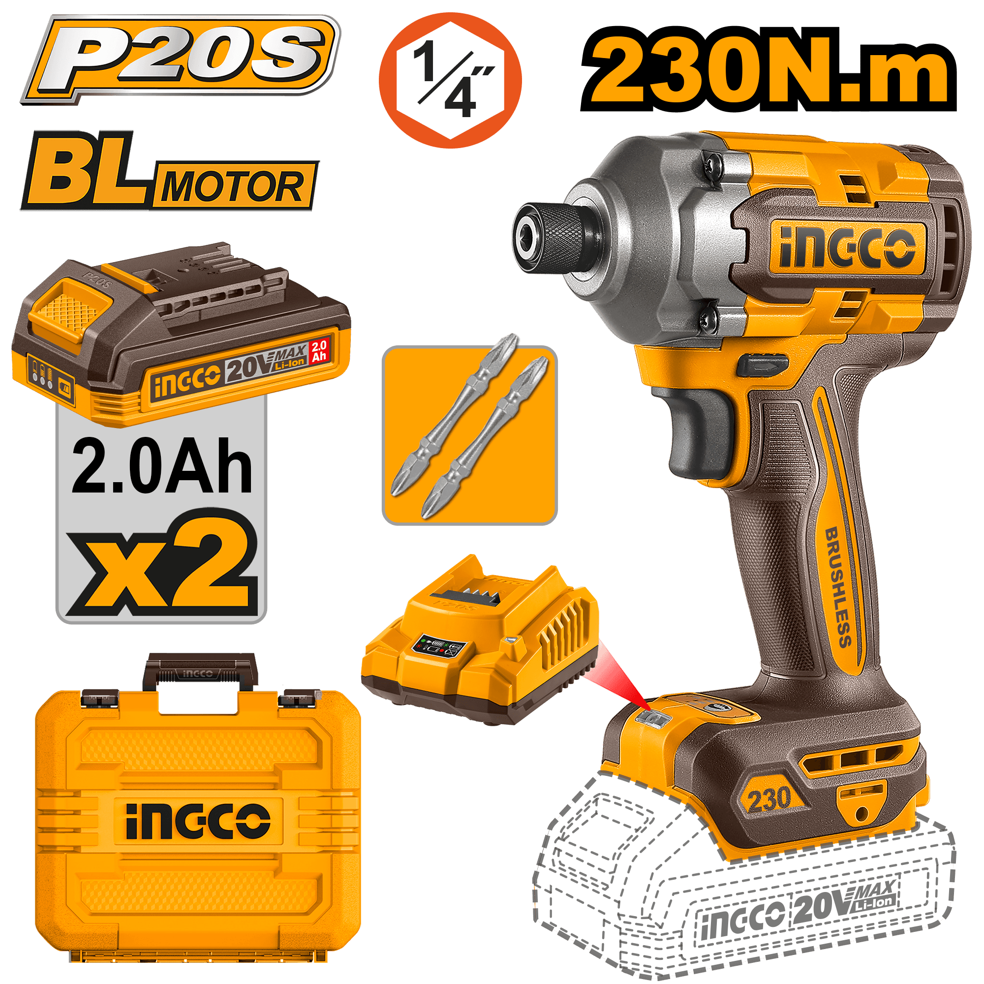 Filetanta cu Impact 20V 1/4 230Nm cu 2 Acumulatori