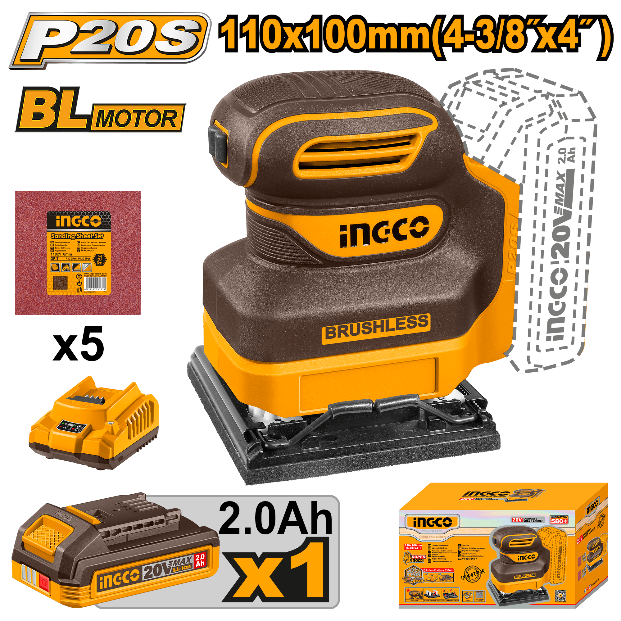 Slefuitor 20V BL 110x100mm cu Acumulator 2Ah