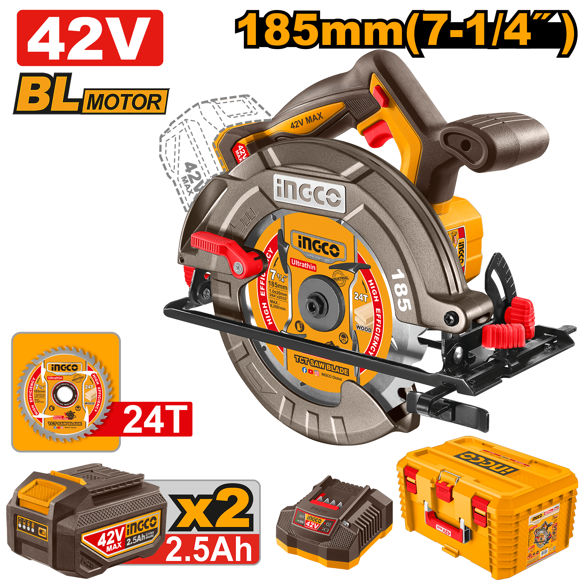 Fierastrau Circular 42V 185mm cu 2 Acumulatori