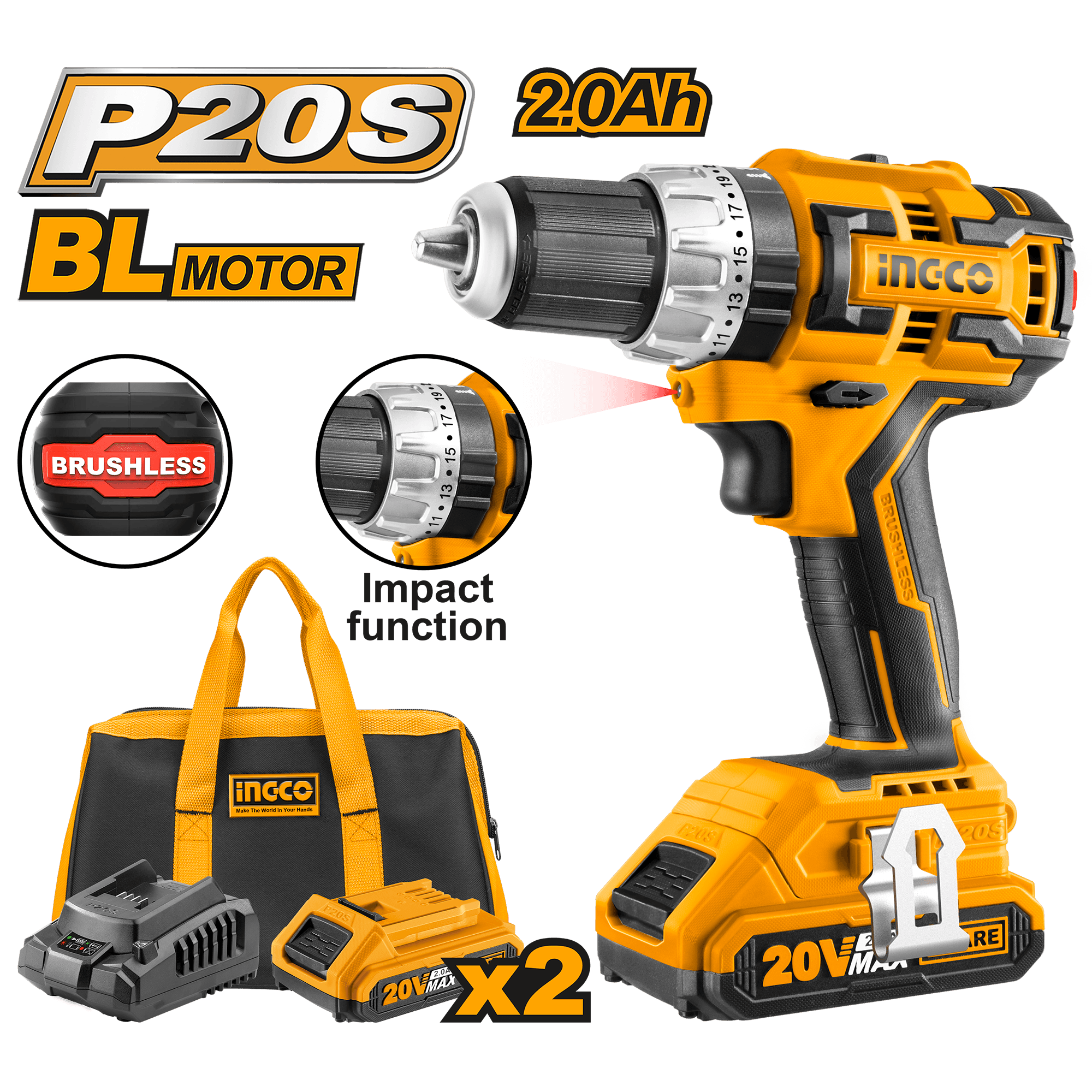 Bormasina 20V Impact si Reglaj + 2 Acumulatori + Accesorii