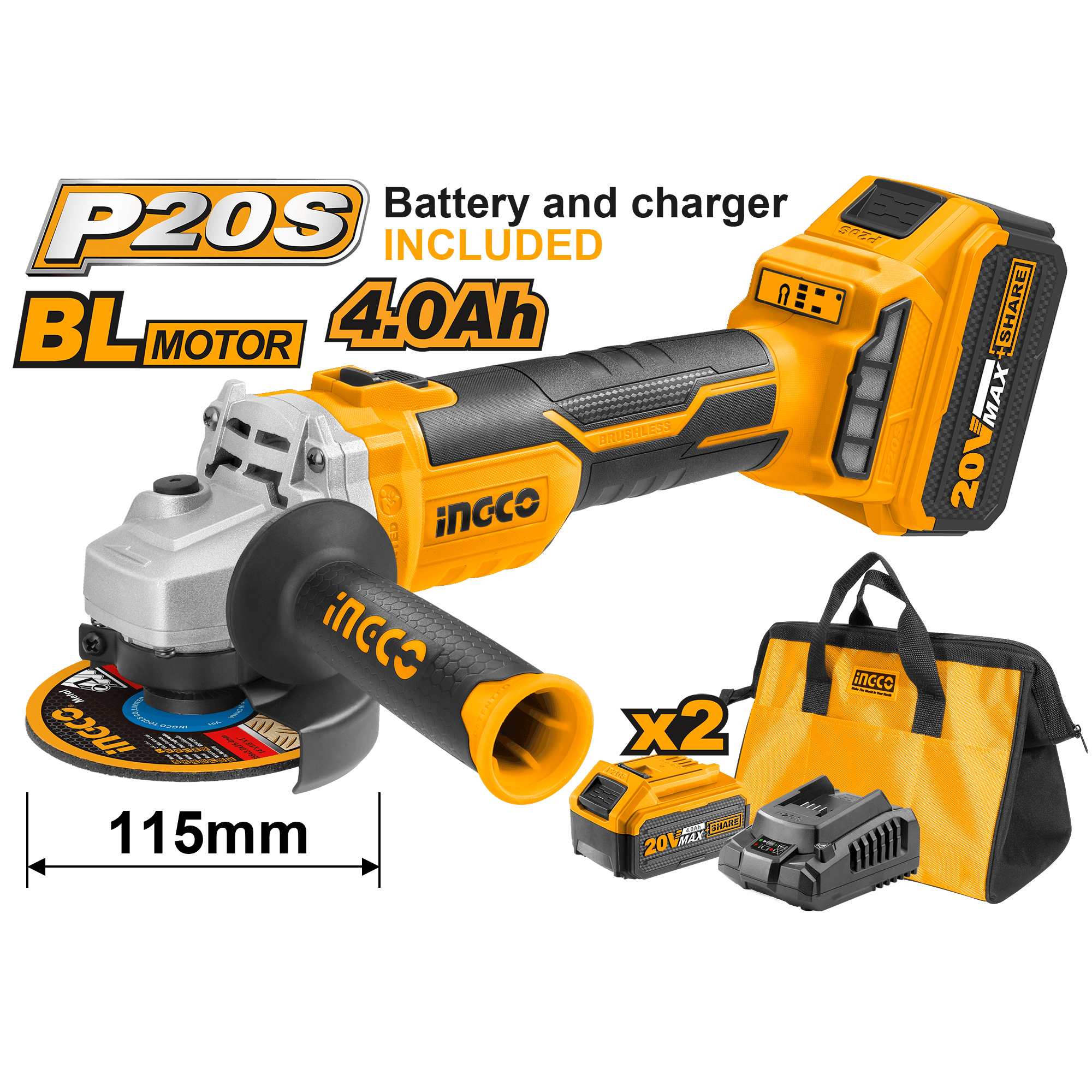 Flex Unghiular 20V cu Motor BL + 2 Acumulatori 4A + Incarcator si Geanta