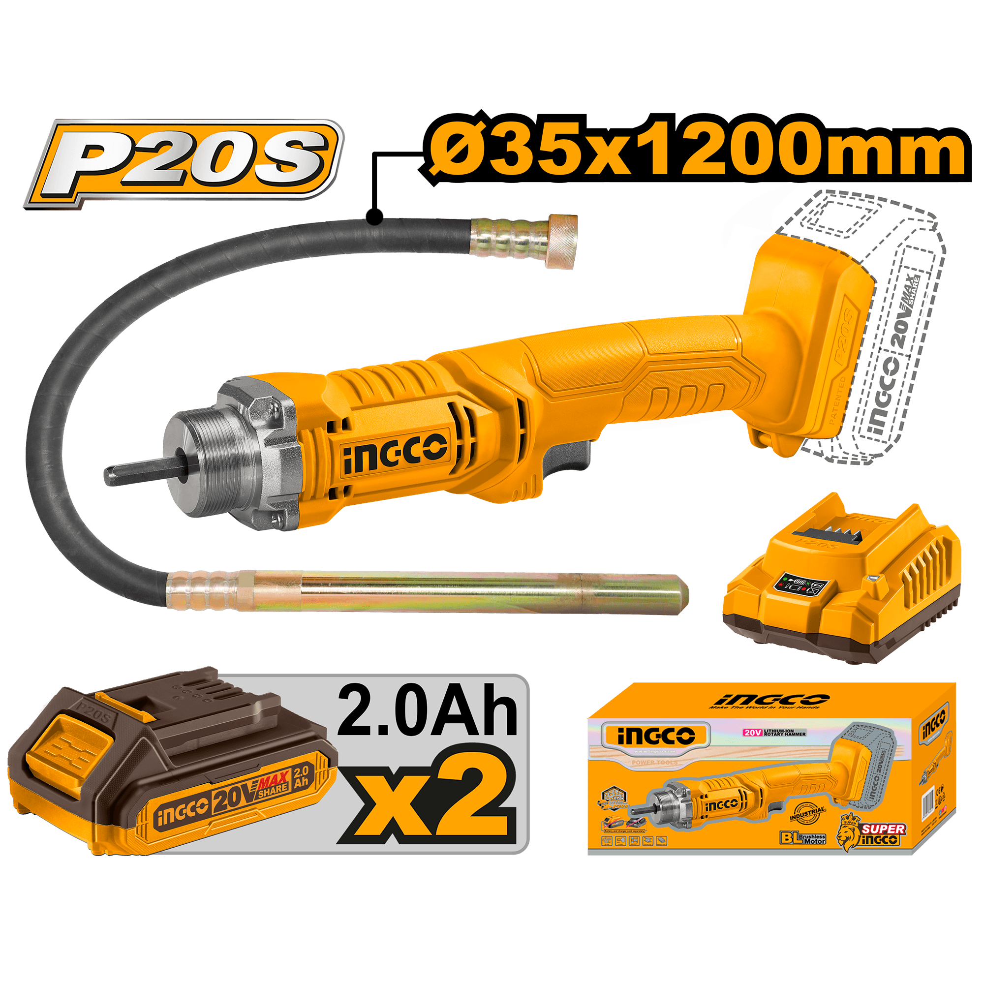 Vibrator pentru Beton 20V cu 2 Acumulatori 2Ah