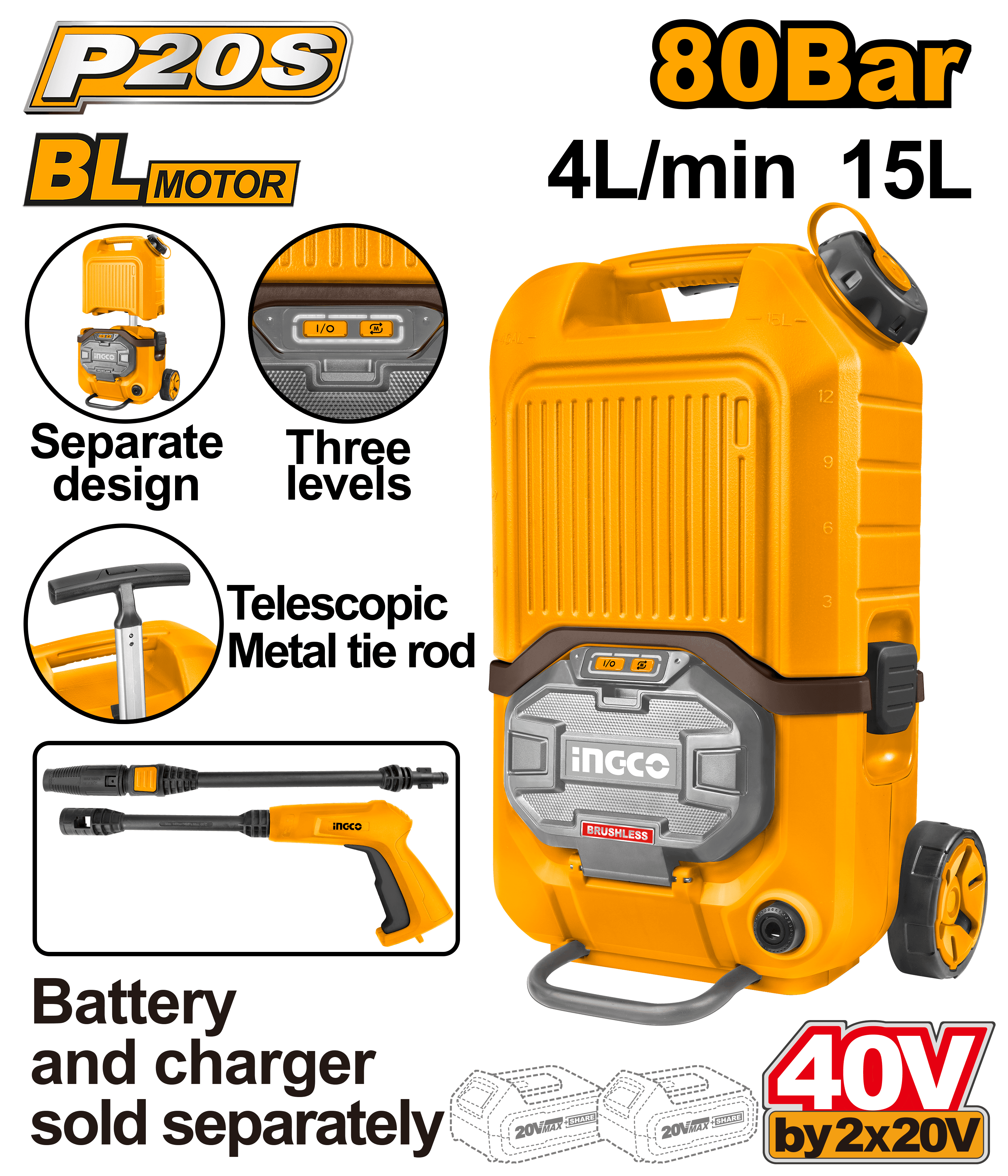 Aparat de Spalat cu Presiune 40V Rezervor 15L