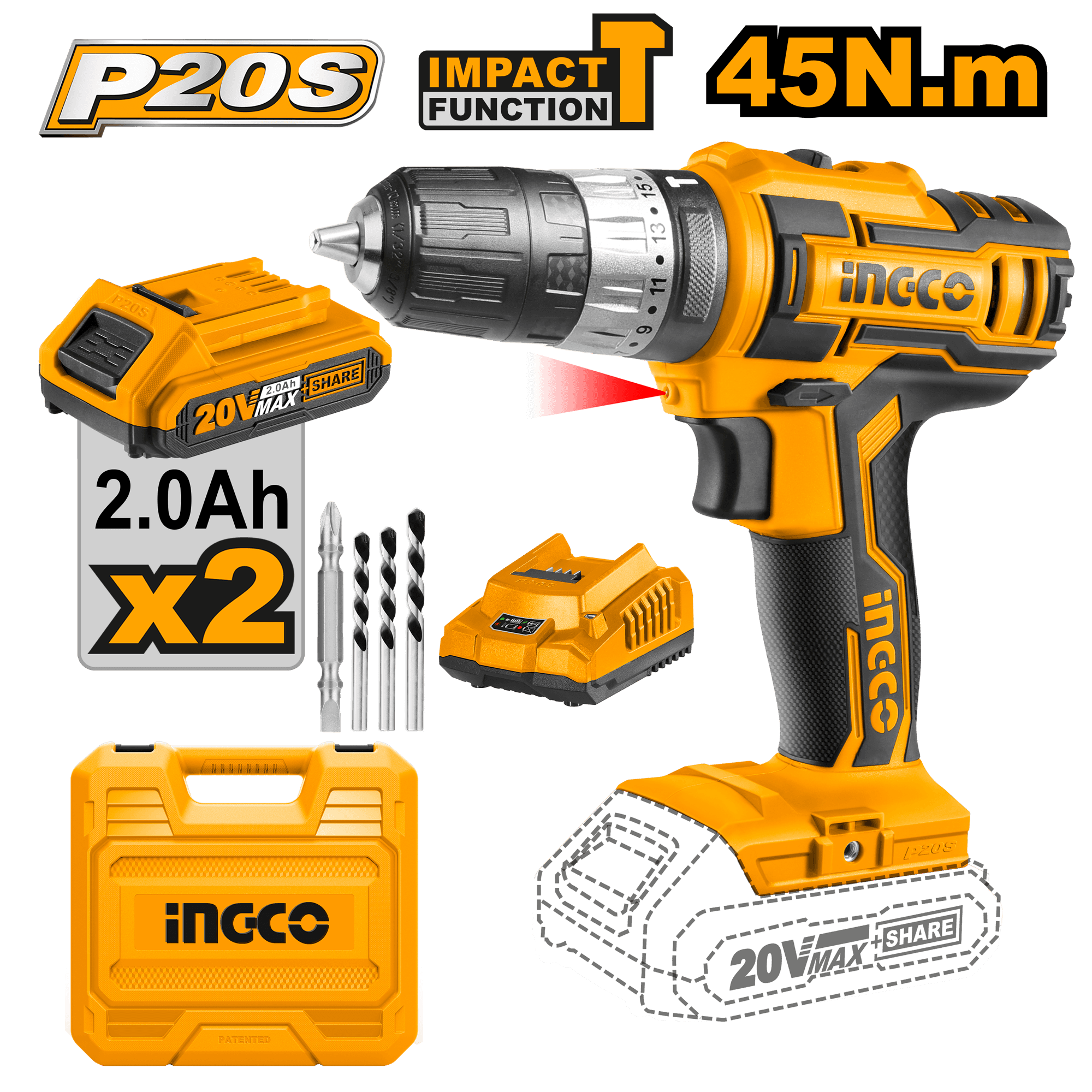 Bormasina 20V cu Impact si Reglaj+2 Acumulatori si Accesorii