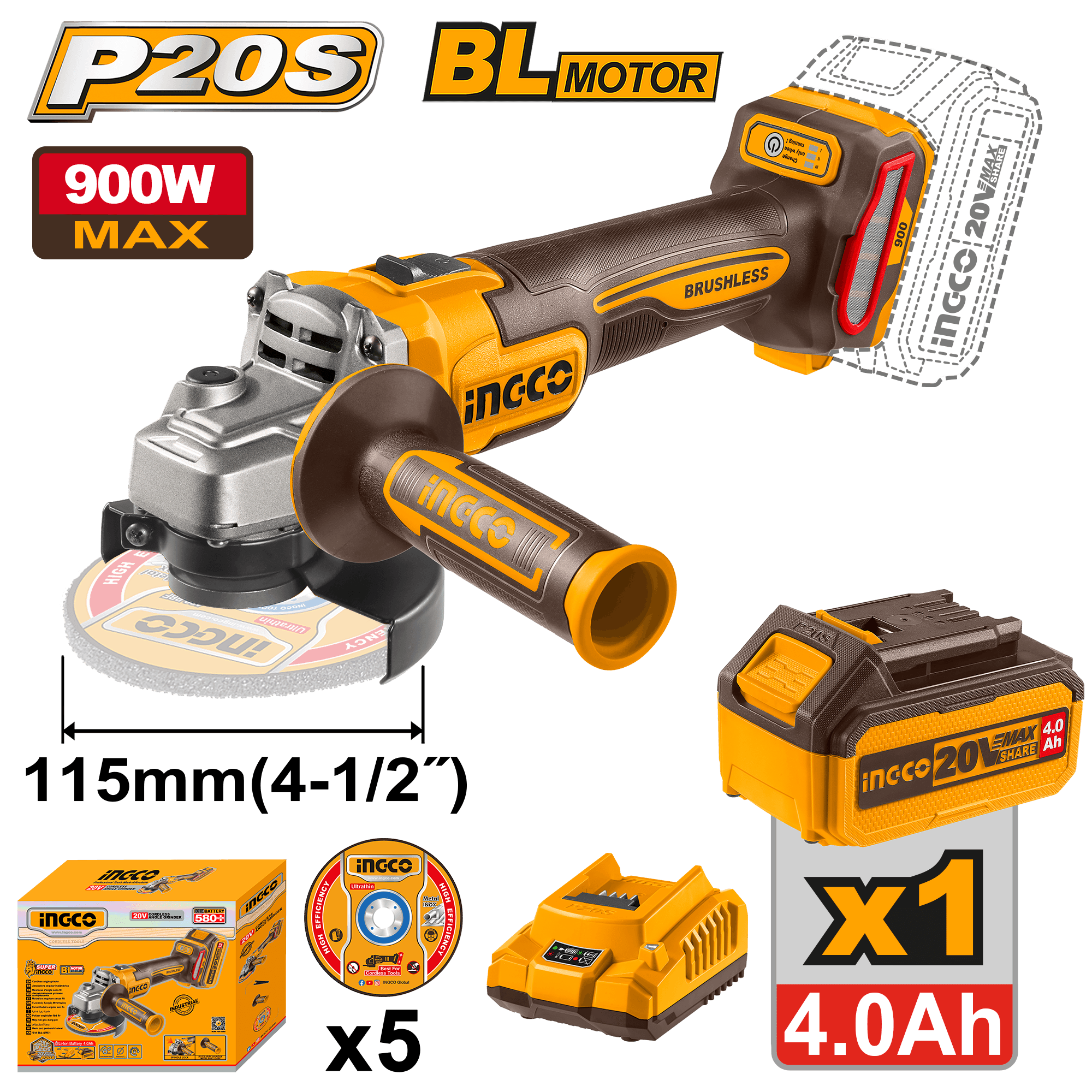 Flex Unghiular 20V 115mm 900W cu 1 Acumulator