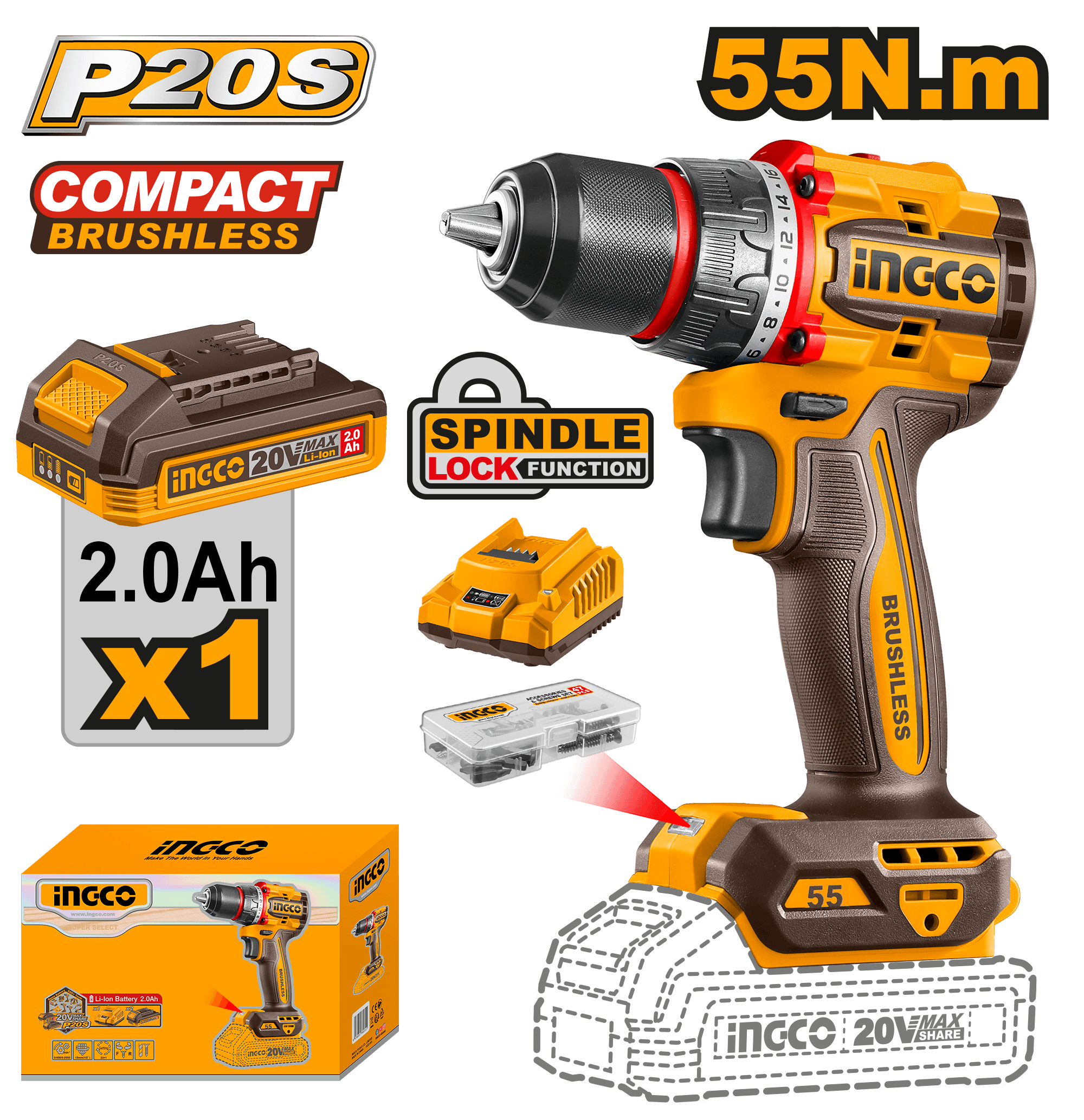 Bormasina 20V 55Nm cu 1 Acumulator