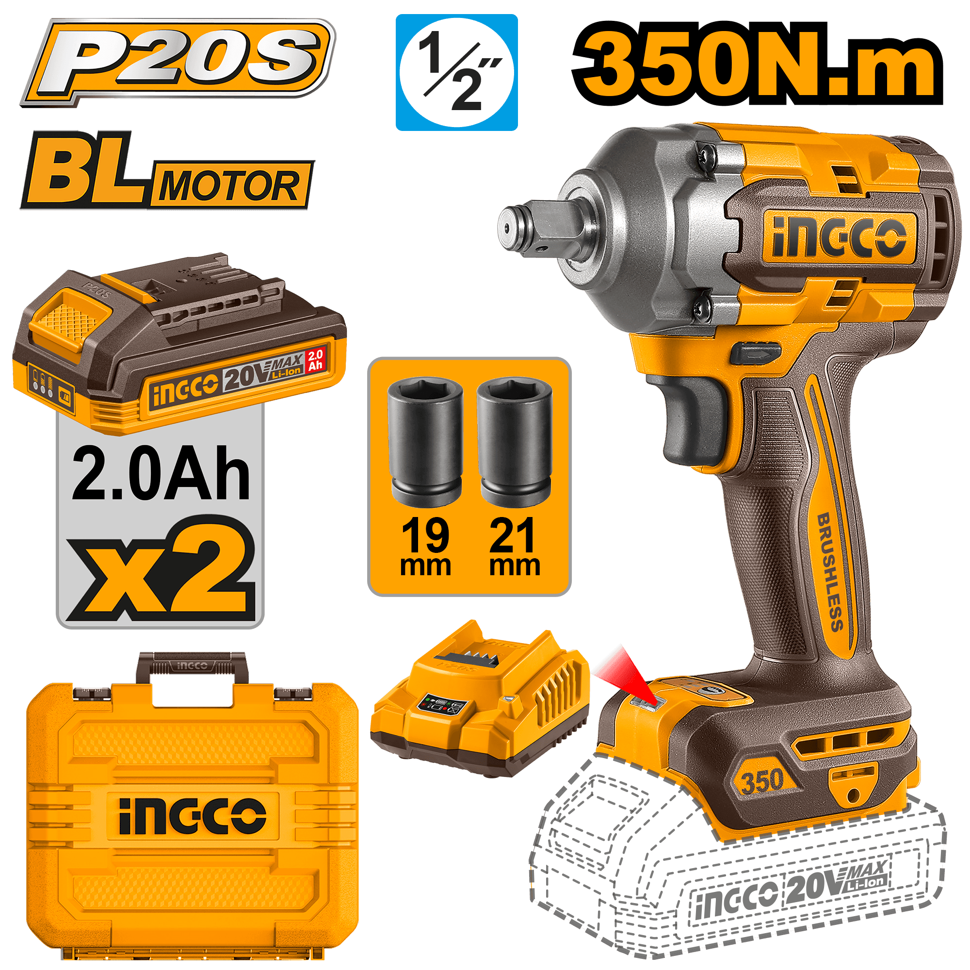Filetanta 20V 1/2 350Nm cu 2 Acumulatori