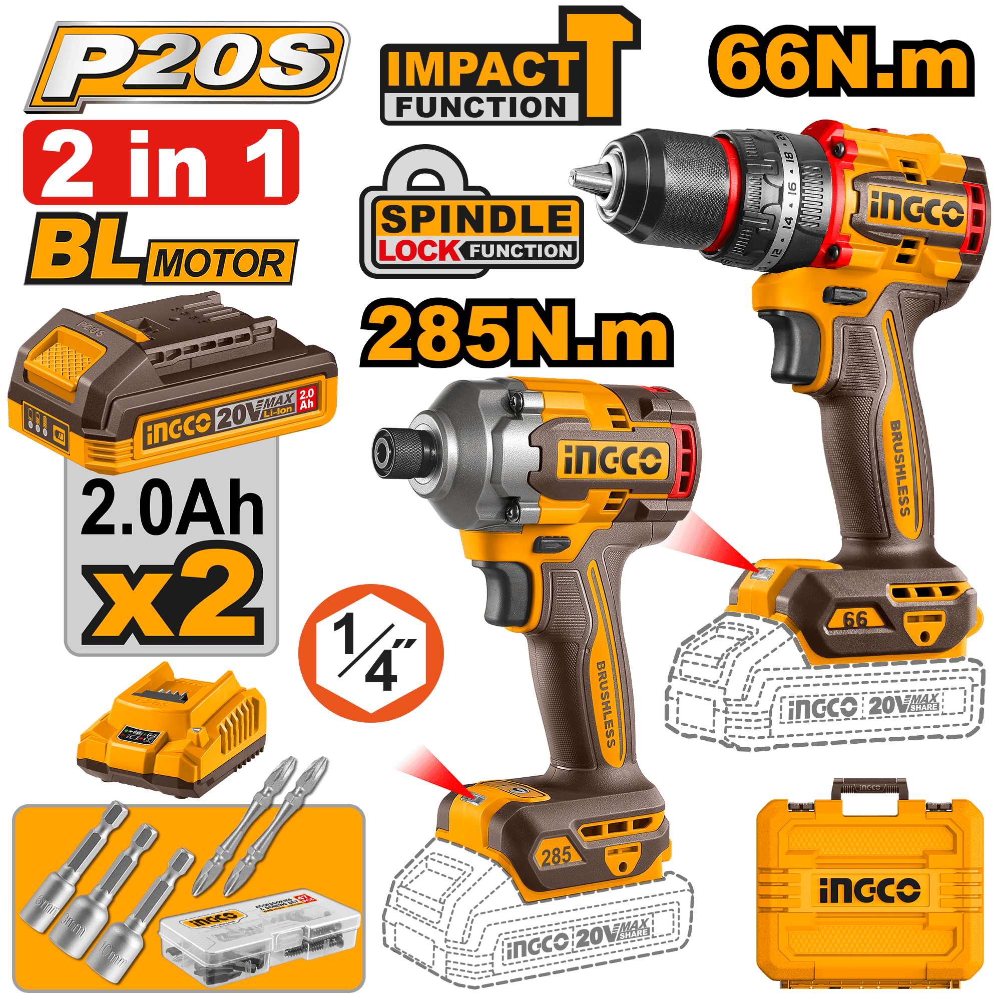 Bormasina 20V 66nm cu Impact + Filetanta 20V 1/4 285nm
