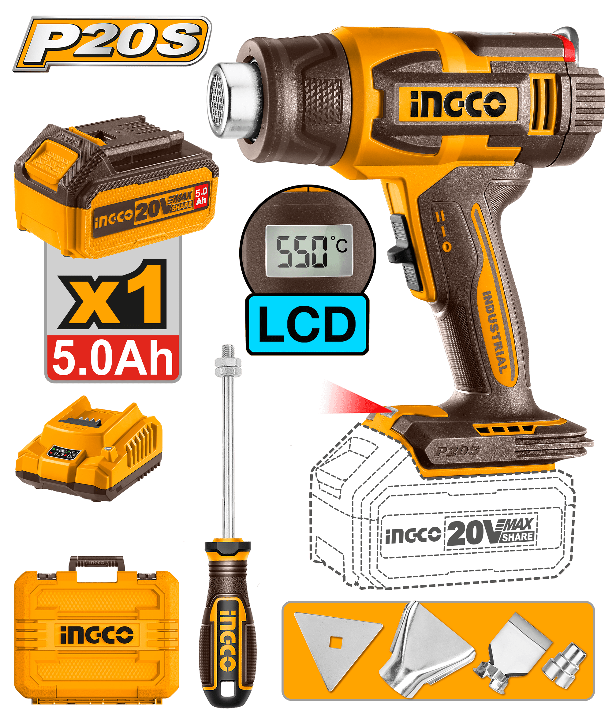 Pistol de Aer Cald 20V cu Afisaj Electronic si Baterie