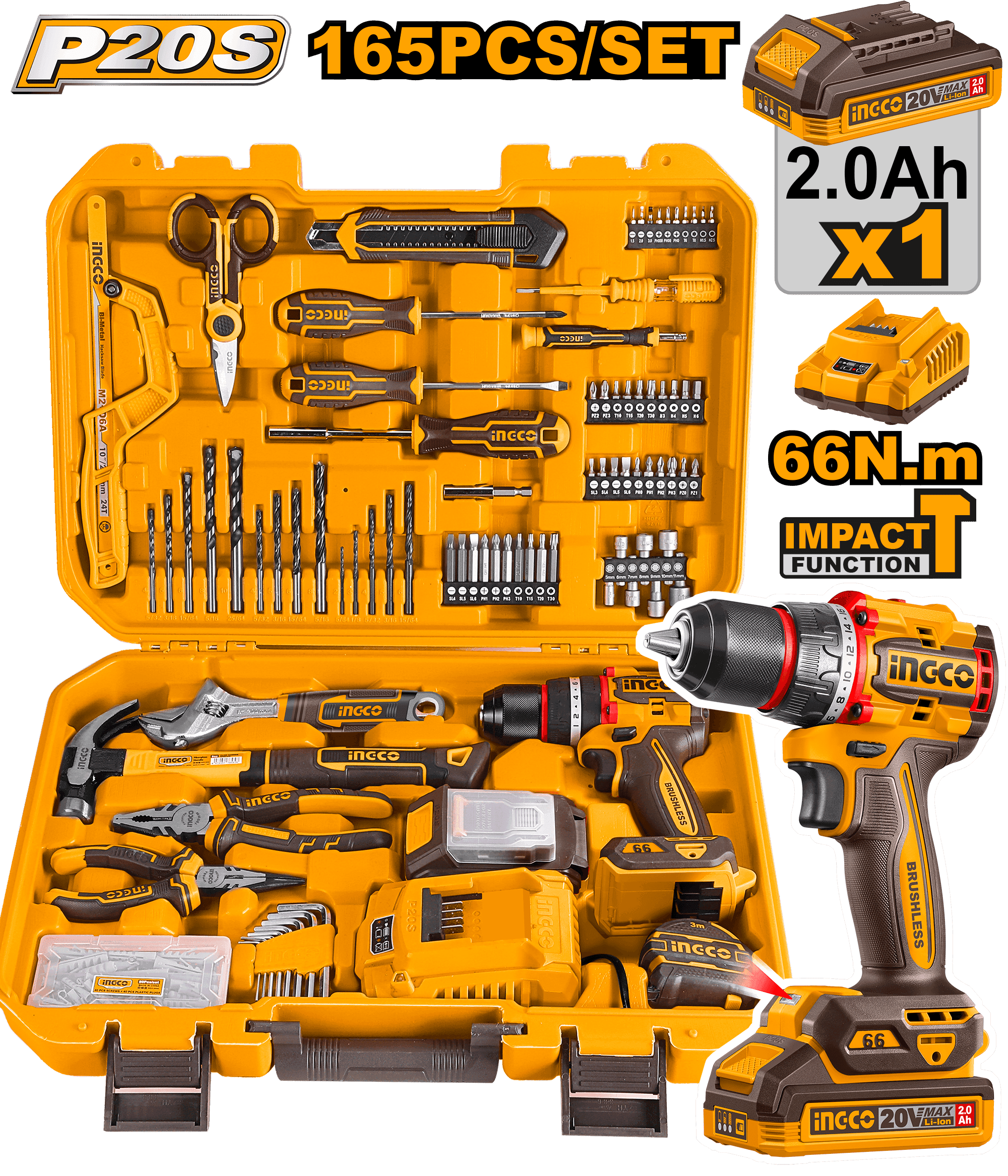 Set de Unelte 165pcs cu Bormasina 20V 66nm