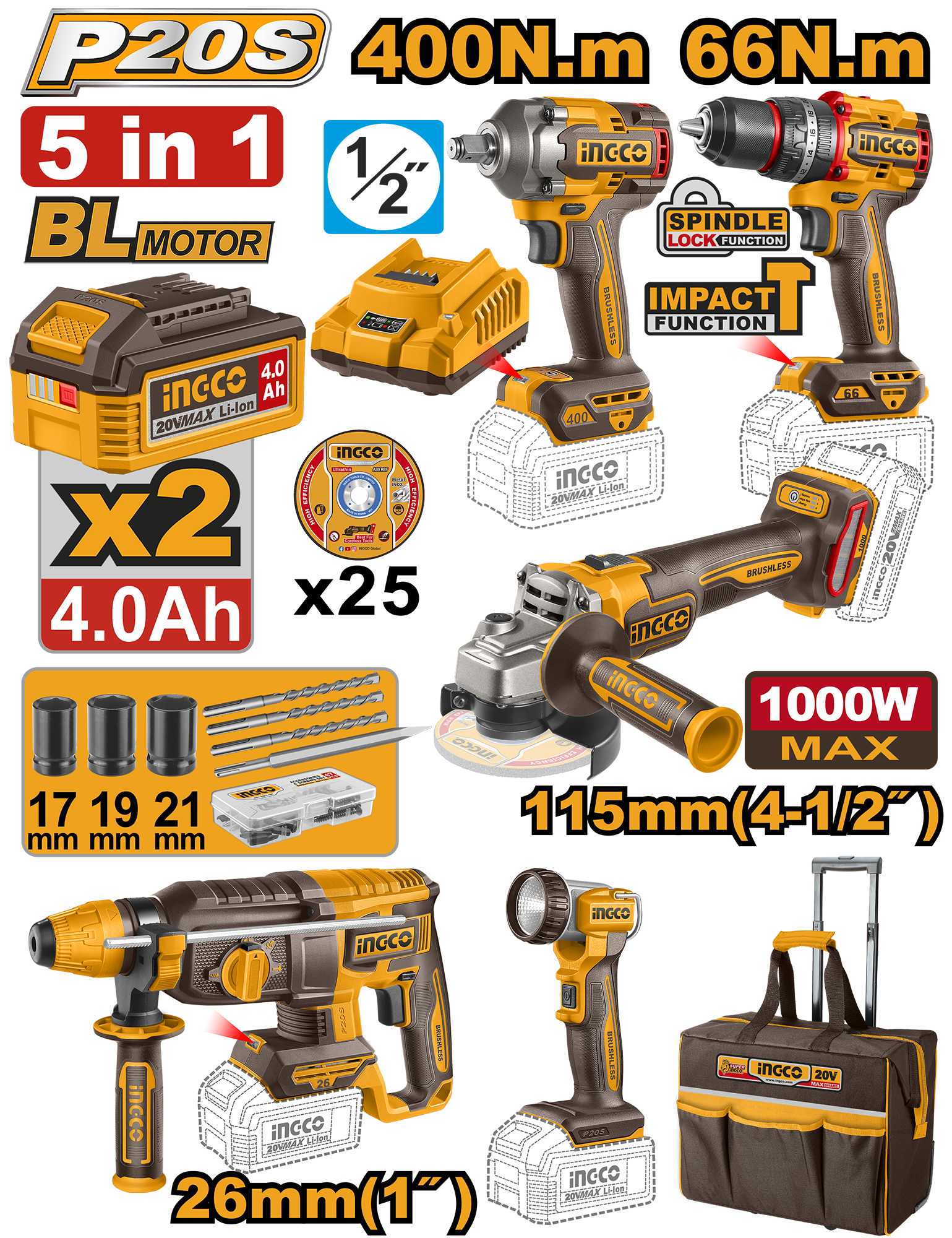 Set Geanta cu Filetanta Bormasina Flex Picamer Lanterna 20V si 2 Acumulatori 4Ah