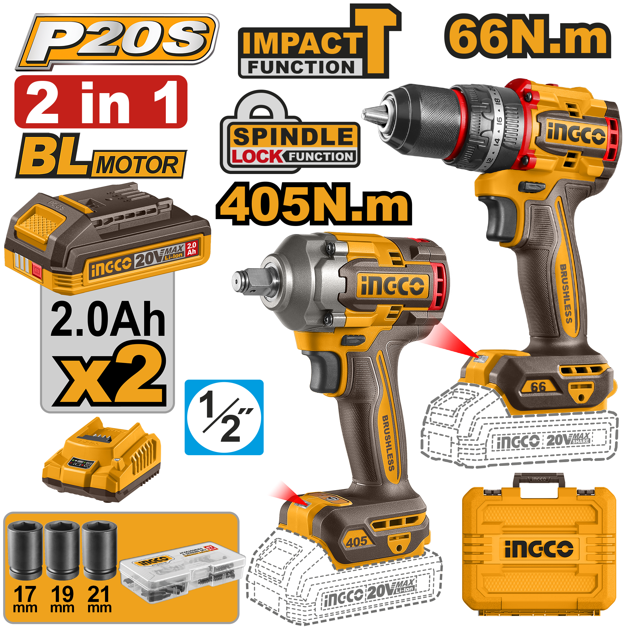 Bormasina 20V 66Nm cu Impact + Filetanta 20V 405Nm si Set 2 Acumulatori