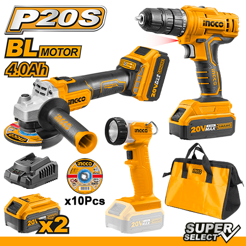 Bormasina 20V +Polizor Unghiular BL + Lanterna cu 2 Acumulatori 4Ah