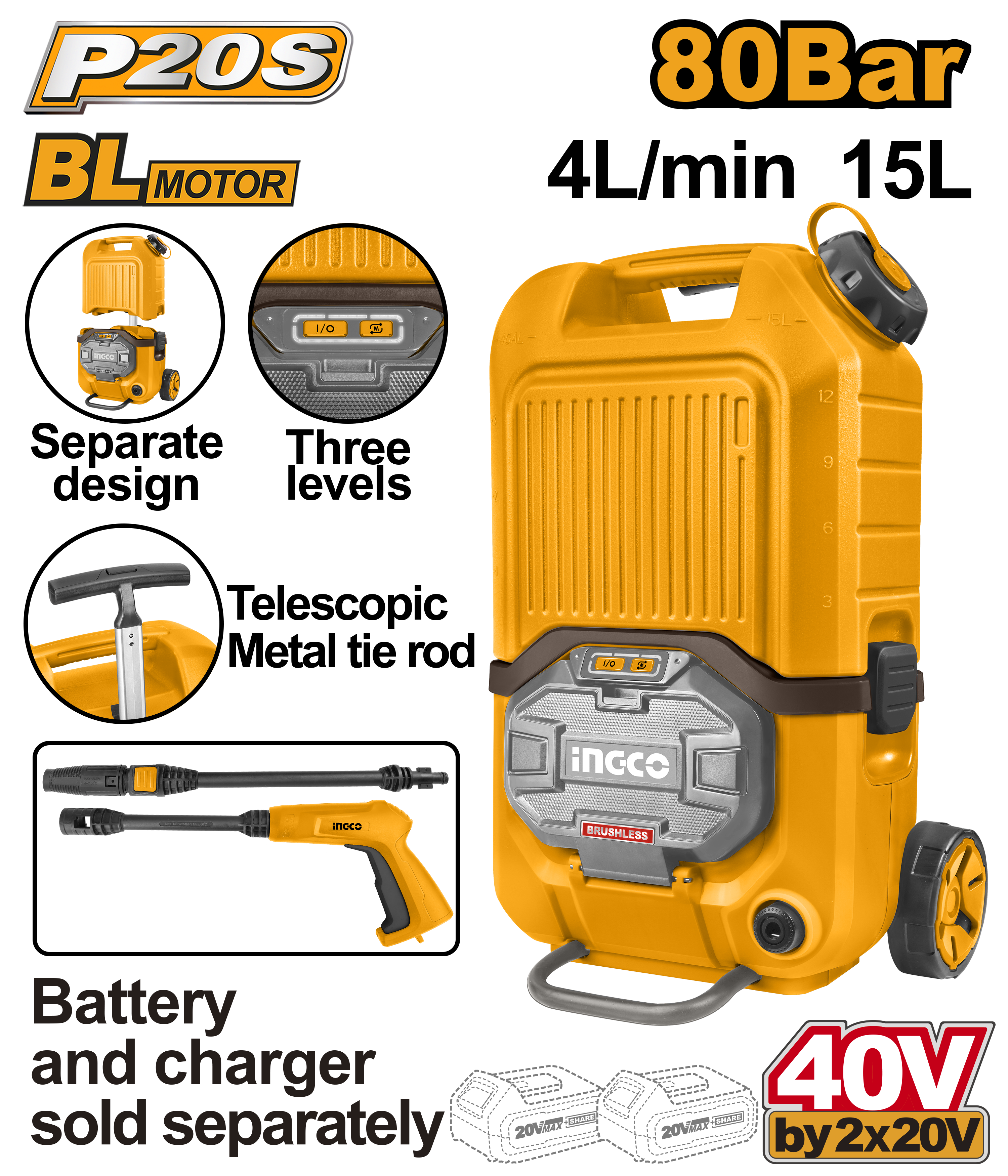 Aparat de Spalat cu Presiune 40V Rezervor 15L