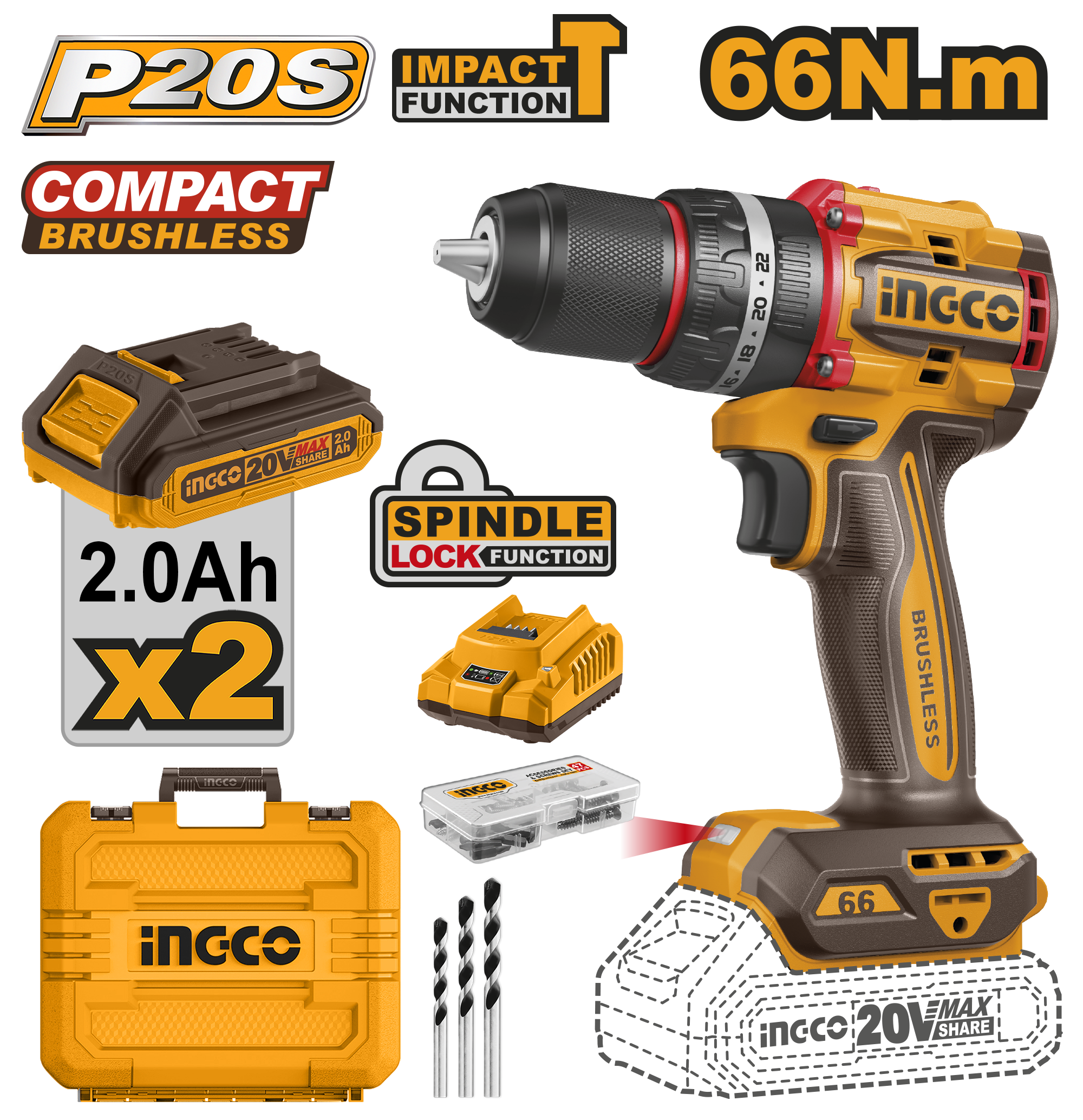 Bormasina 20V cu Impact 66Nm cu 2 Acumulatori