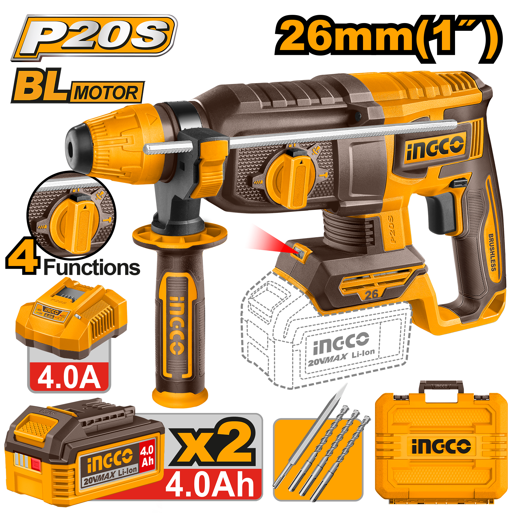 Ciocan Rotopercutor 20V BL 26mm cu 2 Acumulatori 4Ah