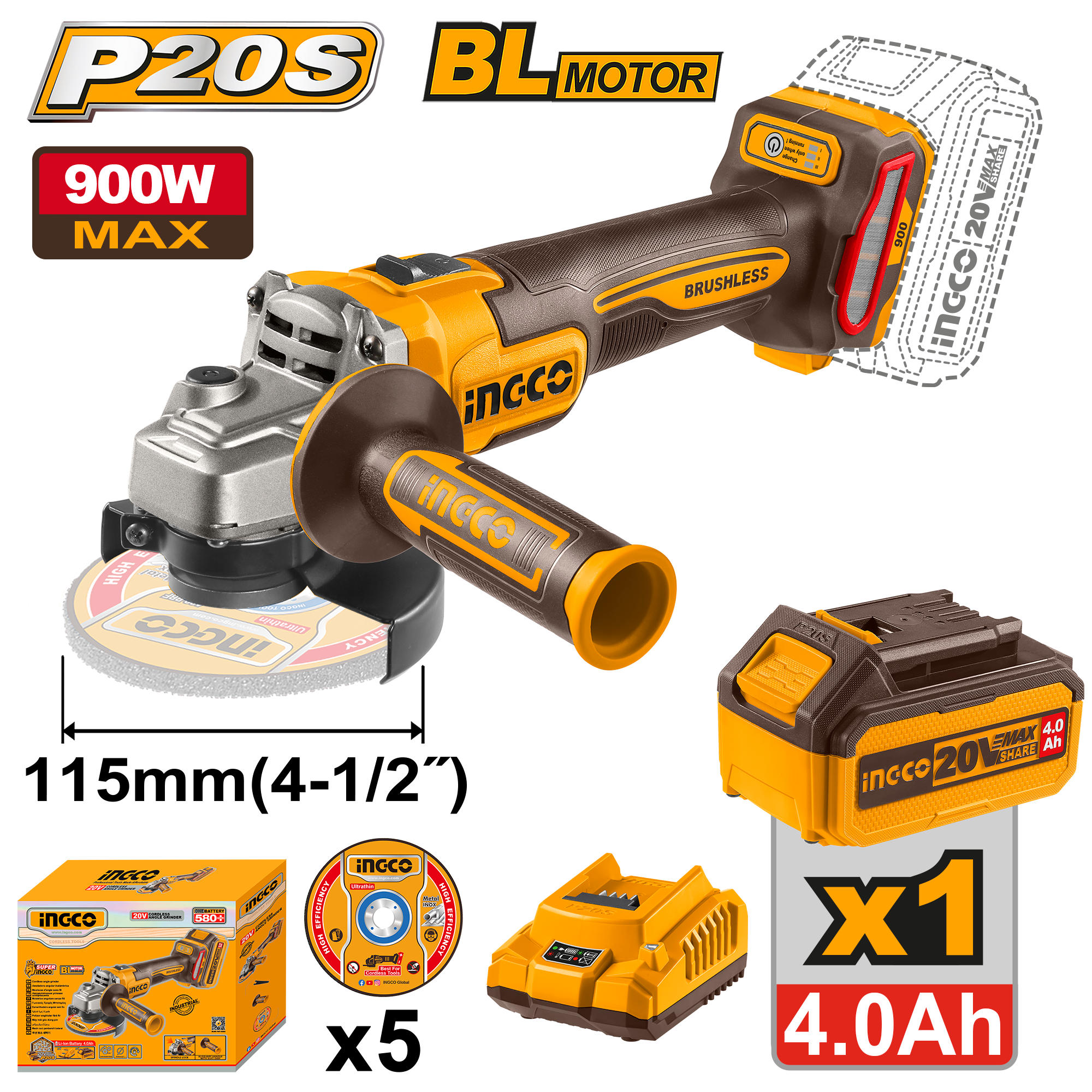 Flex Unghiular 20V 115mm 900W cu 1 Acumulator
