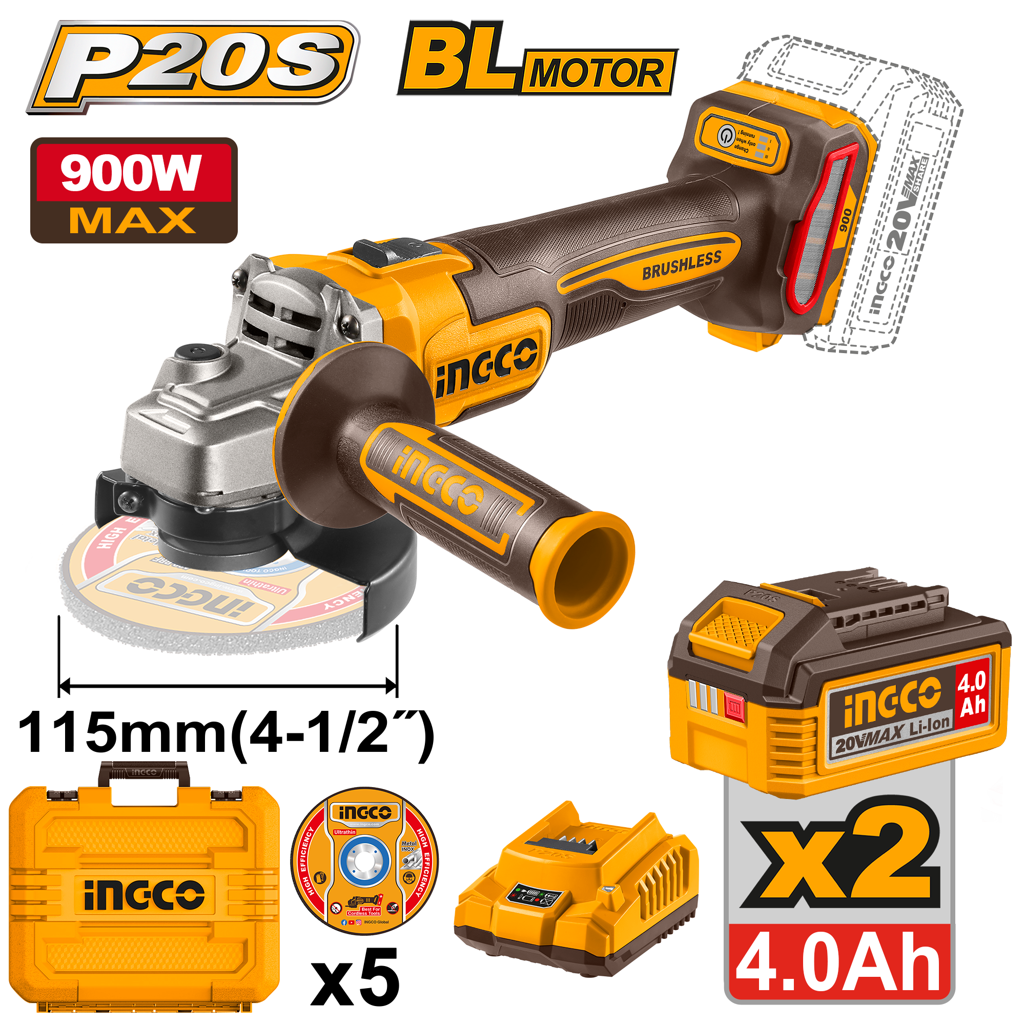 Flex Unghiular 20V 115mm 900W cu 2 Acumulatori 4Ah
