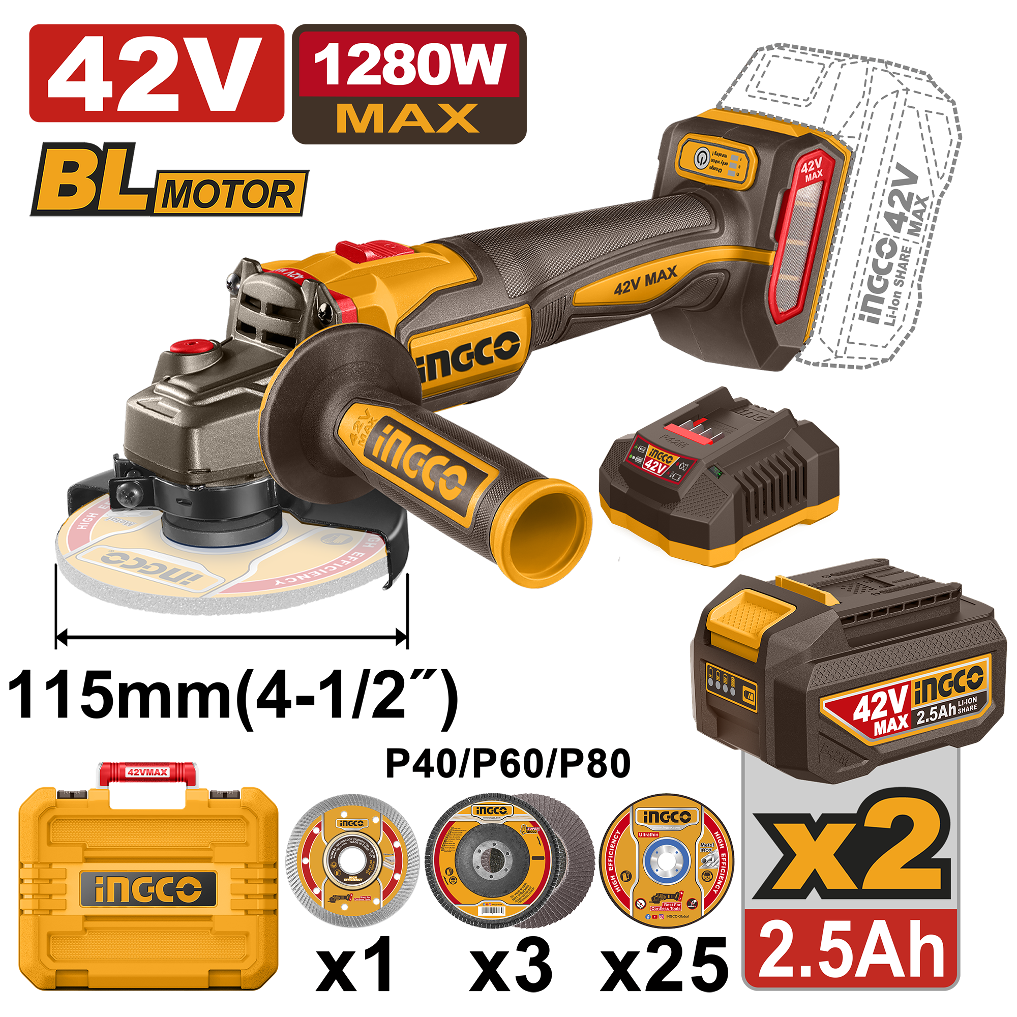 Flex Unghiular 42V cu 2 Acumulatori