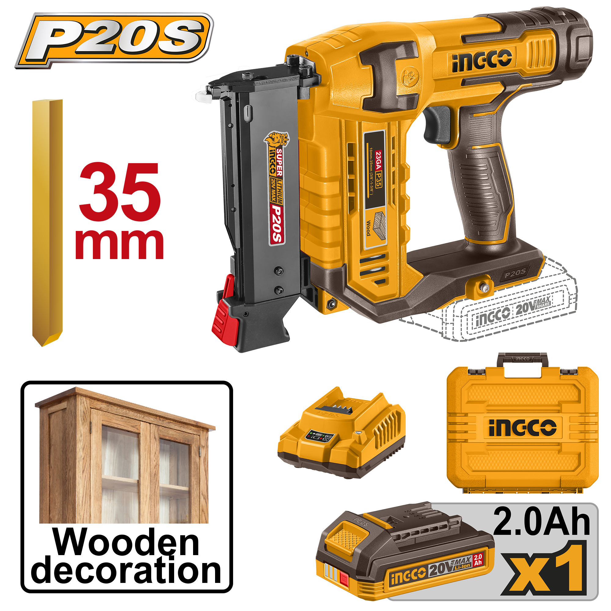 Pistol Cuie 20V Industrial pentru Lemn 35mm cu 1 Acumulator