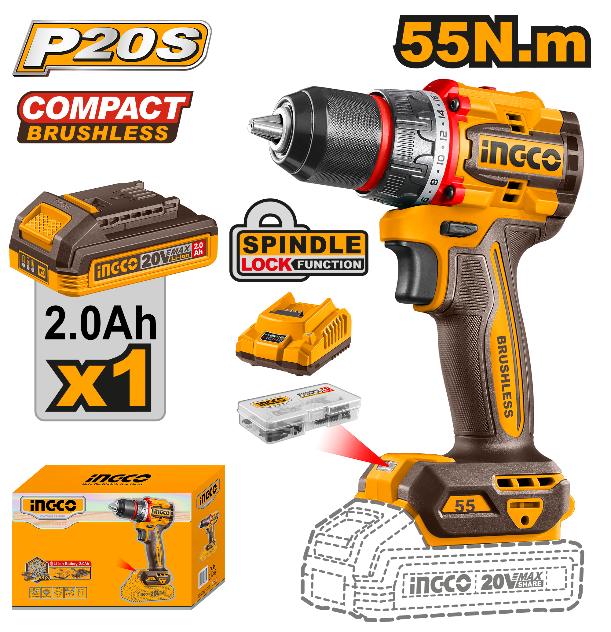 Bormasina 20V 55Nm cu 1 Acumulator