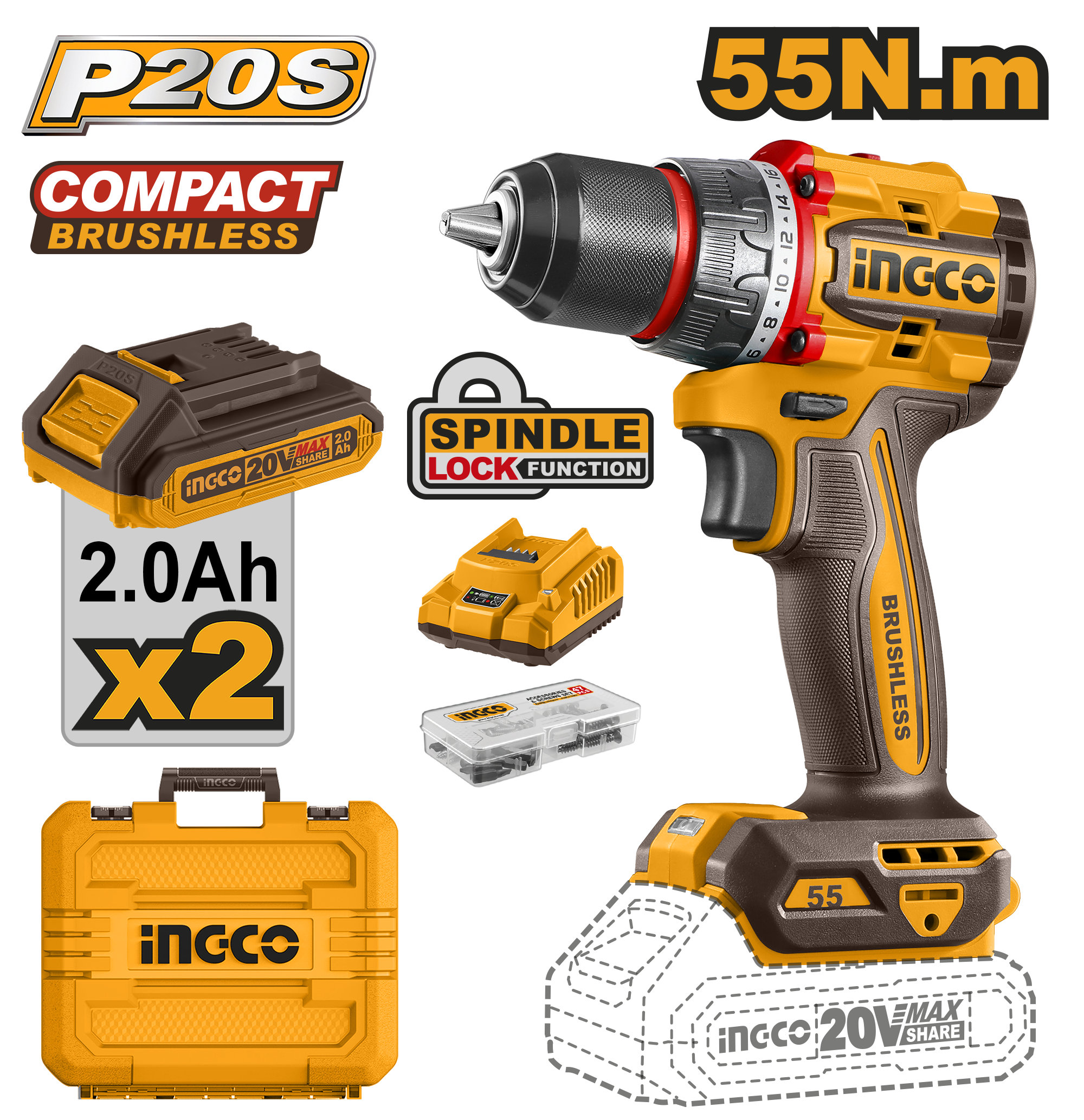 Bormasina 20V 55Nm cu 2 Acumulatori
