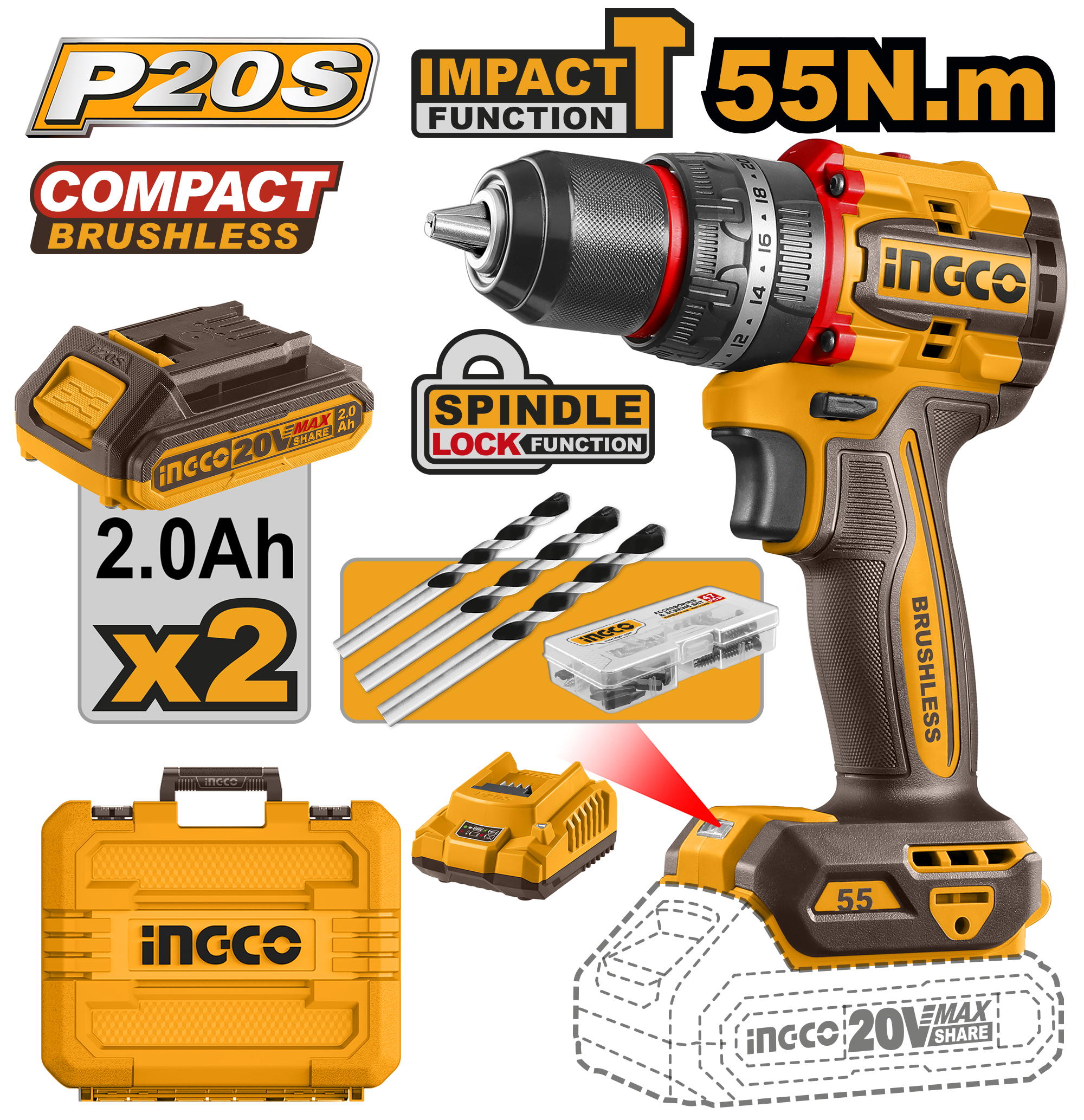 Bormasina 20V Impact 55Nm cu 2 Acumulatori