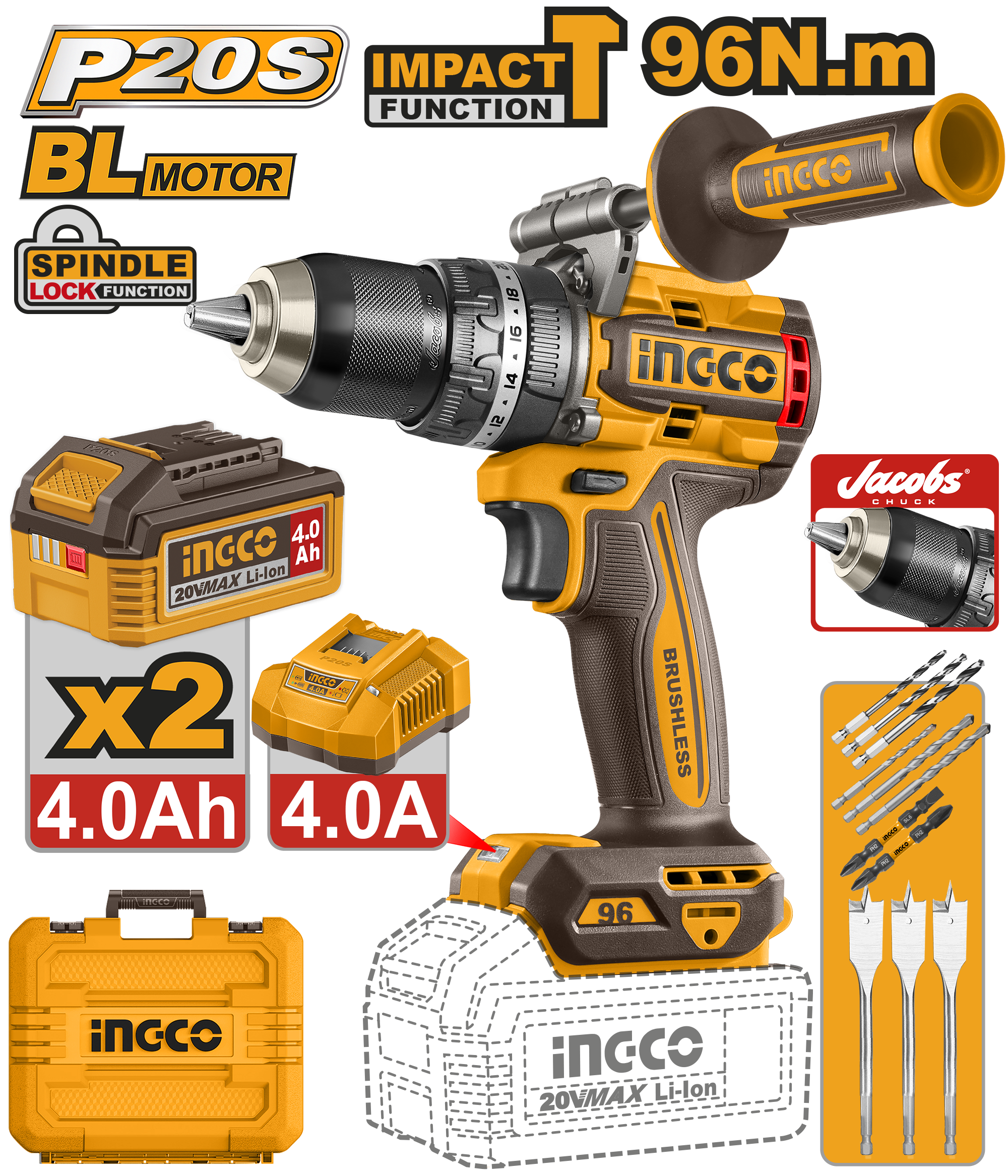 Bormasina 20V 96Nm cu Impact Baterii si Acumulator