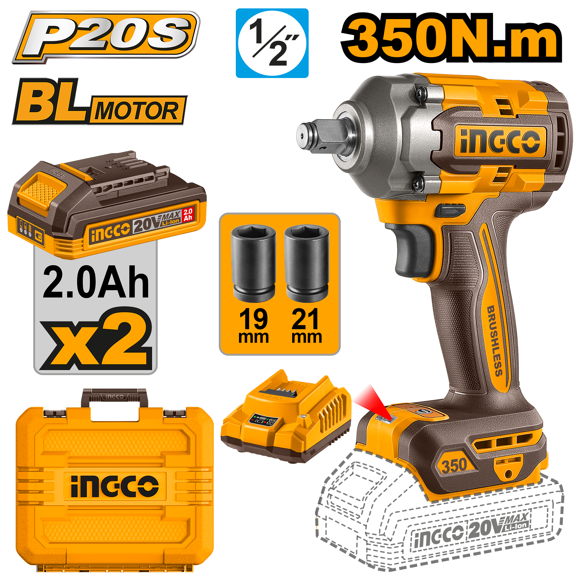 Filetanta 20V 1/2 350Nm cu 2 Acumulatori