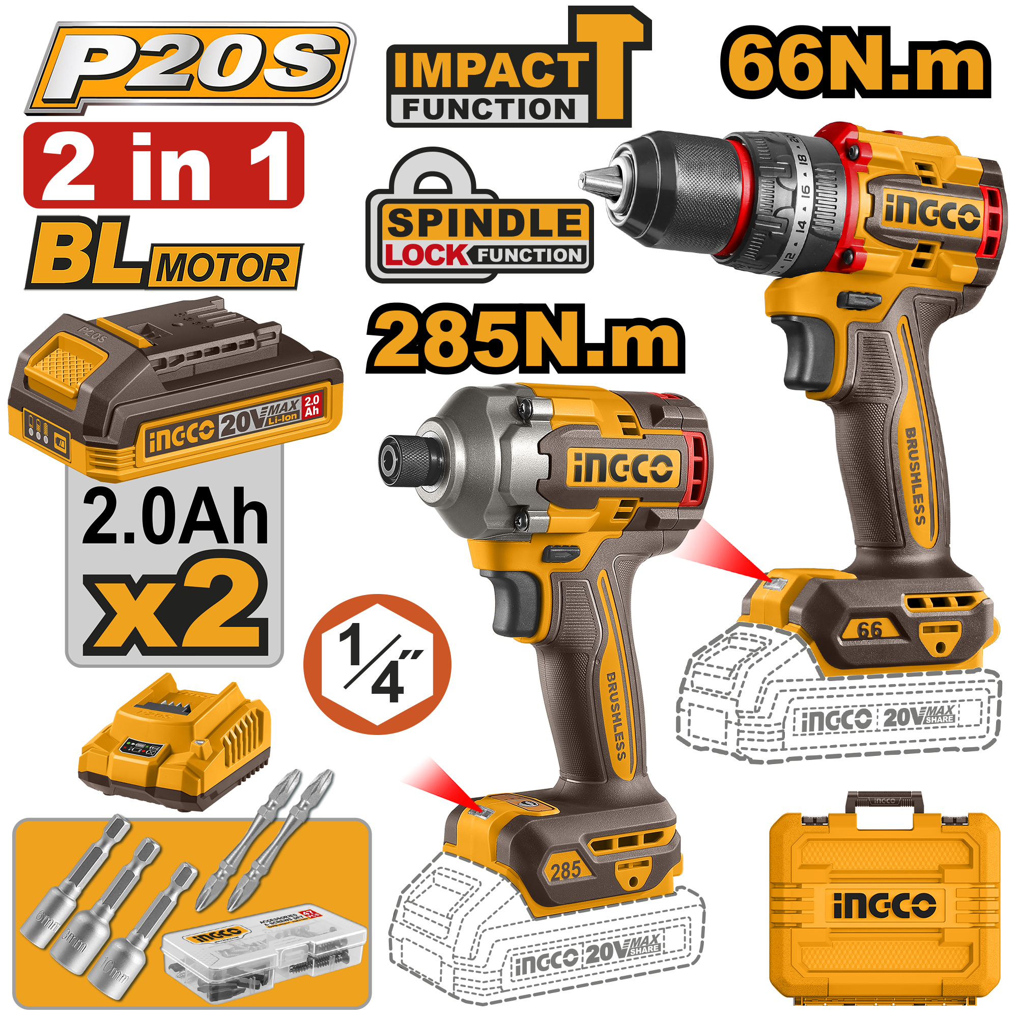 Bormasina 20V 66nm cu Impact +Filetanta 20V 1/4 285nm