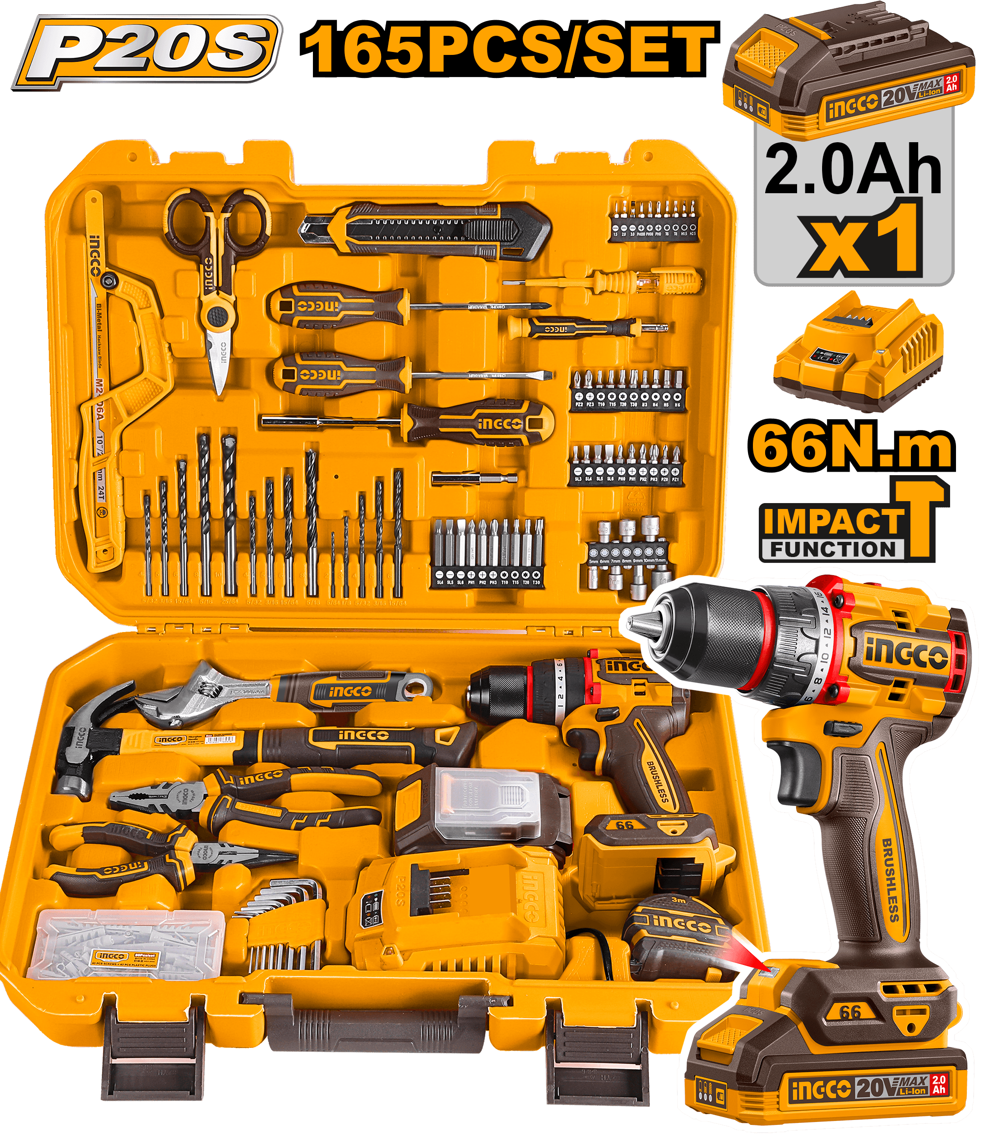 Set de Unelte 165pcs cu Bormasina 20V 66nm